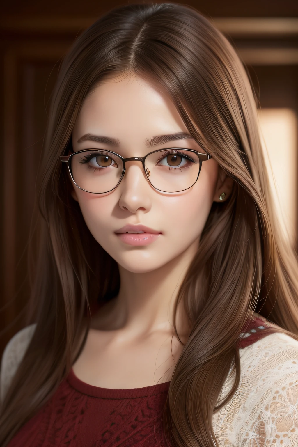 best quality, masterpiece, (realistic:1.2), 1 girl, brown hair, brown eyes,Front, detailed face, beautiful eyes, glasses, one piece