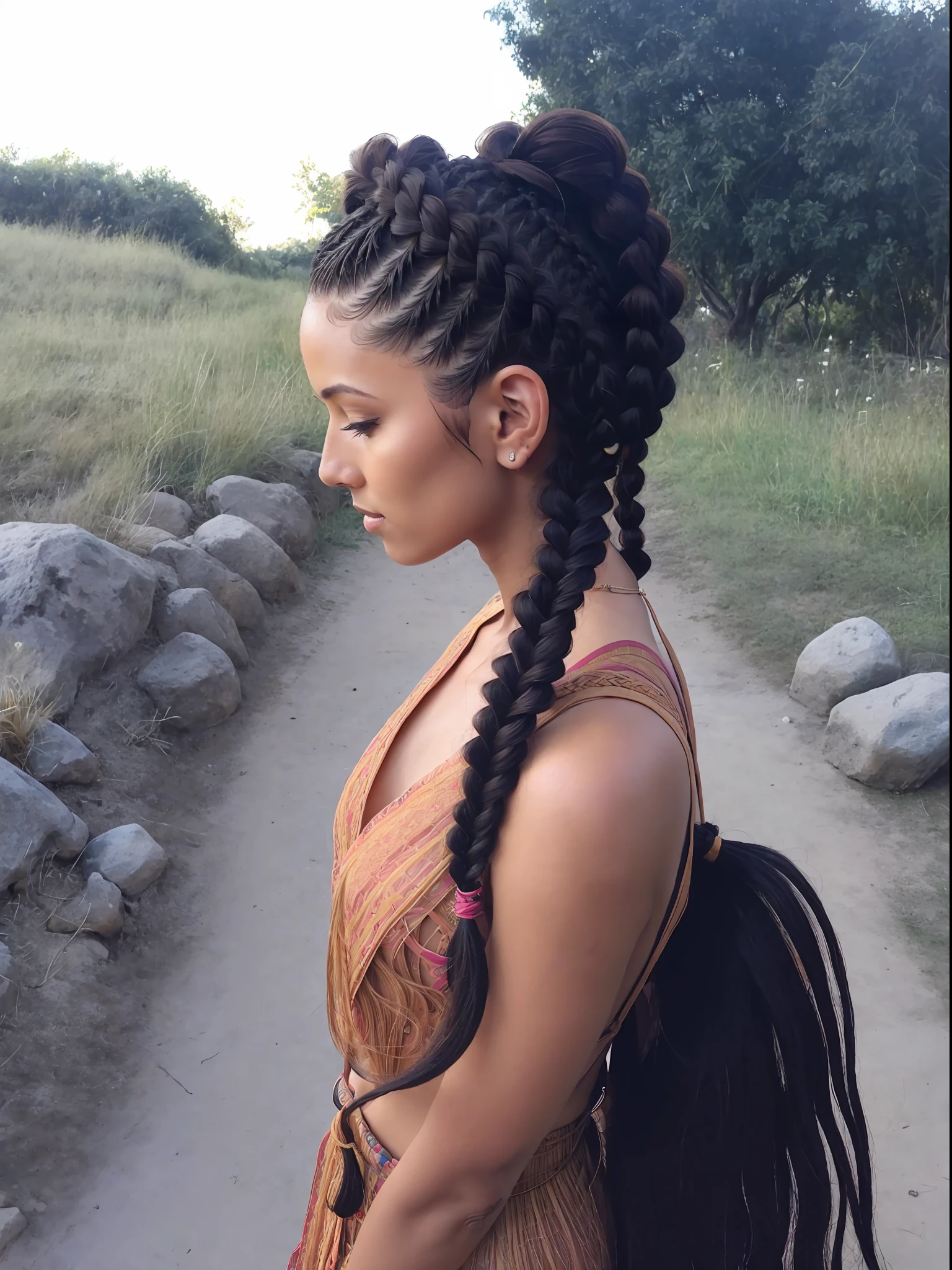 mulher arafed com uma mochila e uma mochila em uma estrada de terra, long dark braid hair, rabo de porco longo, long braided hair on top of head, long black braided hair, long braided black hair, black hair in braids, braided hair. Nightime, penteado selvagem, plaits, long braided hair, penteado pigtails, braided brown hair, pigtail braids, (((Directed by: Lee Jeffreis))), Raw.