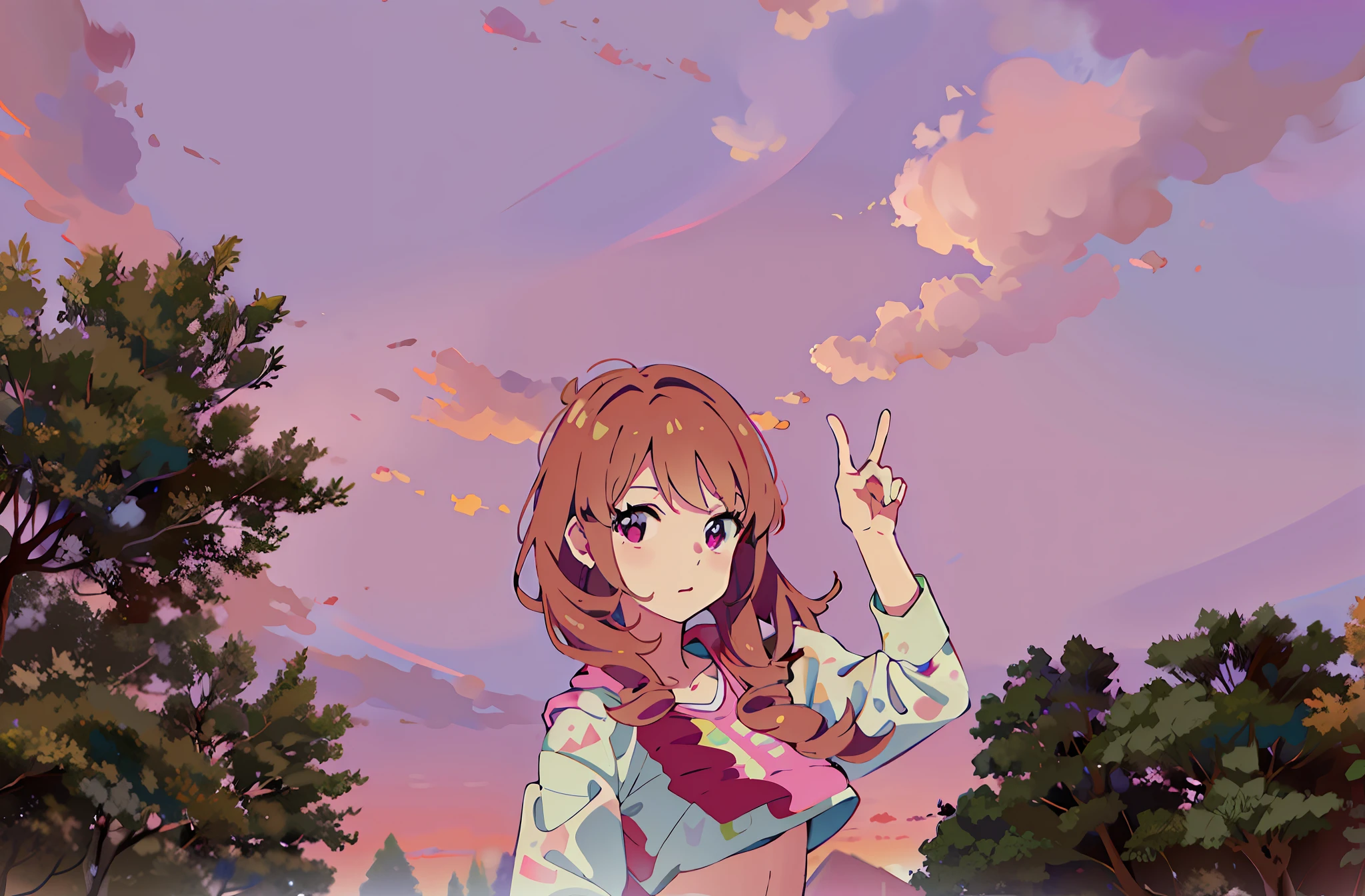 Anime girl with long hair and pink shirt facing up, lofi-girl, ((Sunset)), watching the sunset. anime big breast, Sunset!, lofi portrait, Marin Kitagawa fanart, anime visual of a cute girl, Anime moe art style, anime vibes, offcial art, made with anime painter studio, Sunset!!!, with a sunset, with index finger