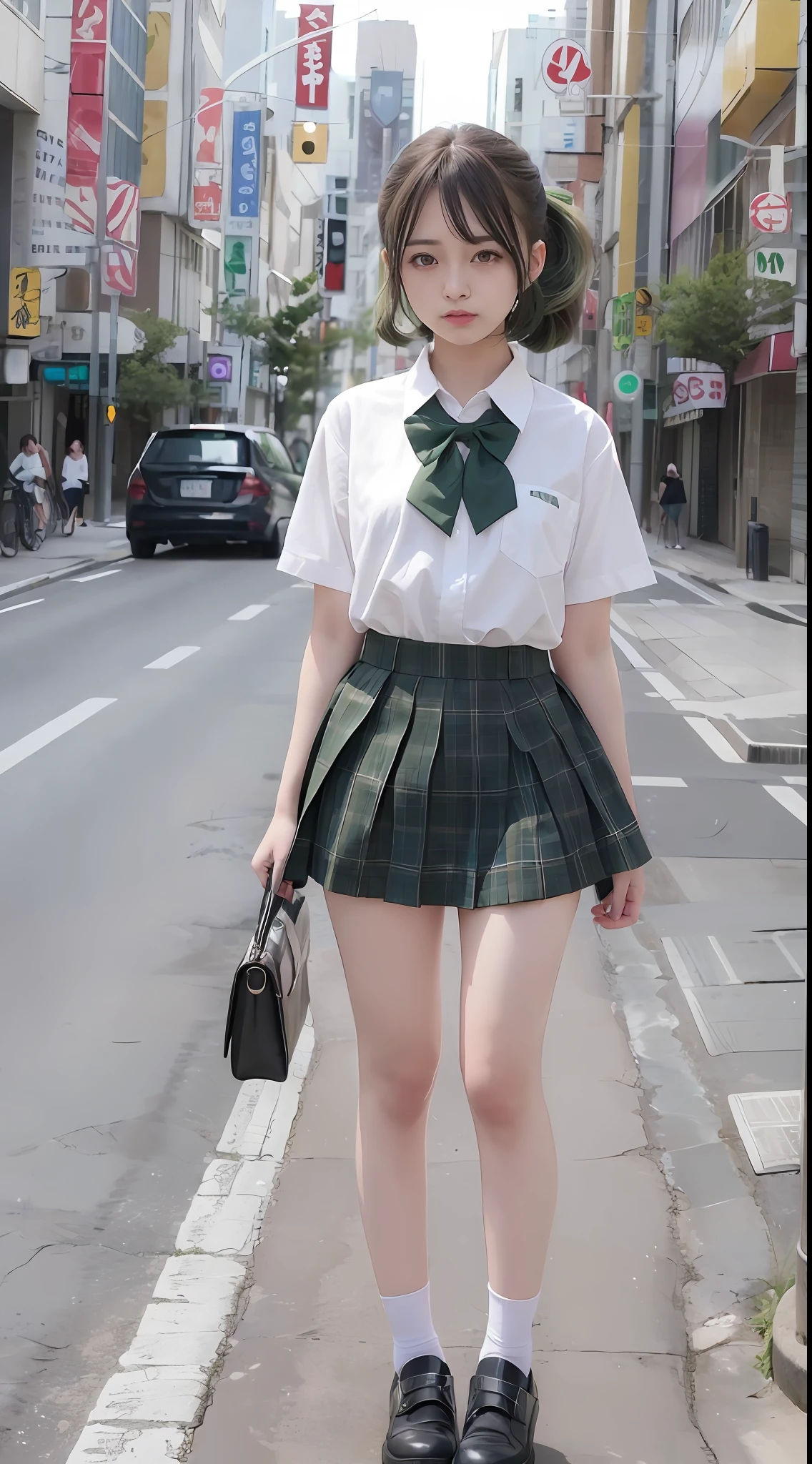 (8k, RAW photo, best quality, mastery:1.3),(realistic,photo-realistic:1.37),(looking viewer:1.331),(green 
 hair), posing, Tokyo street, cyberpunk city, soft light, 1girl, extremely beautiful face, hands down, hairstyle casual, expression casual, big eyes, lower abdomen, (short sleeve JK_shirt), JK_style, (green JK_skirt), (bow JK_tie), mix4, full body, full body photo