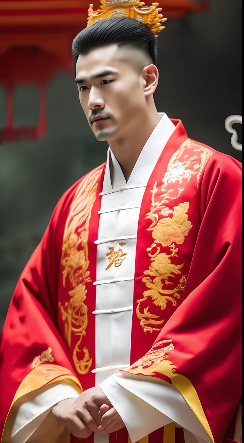 Masterpiece, Highest quality, (solofocus),, (High detail: 1.1),dojo，Red and yellow robes，The male， Man, chinese crown, 1人,and white hair,超高分辨率 , Detailed background, realisticlying, wearing a detailed and intricate xianxia antique outfit