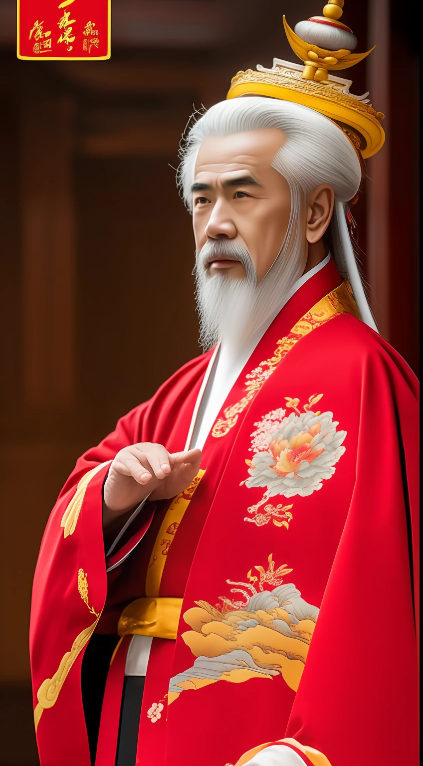 Masterpiece, Highest quality, (solofocus),, (High detail: 1.1),dojo,Red and yellow robes,The male, Man, chinese crown, 1人,and white hair,超高分辨率 , Detailed background, realisticlying, wearing a detailed and intricate xianxia antique outfit
