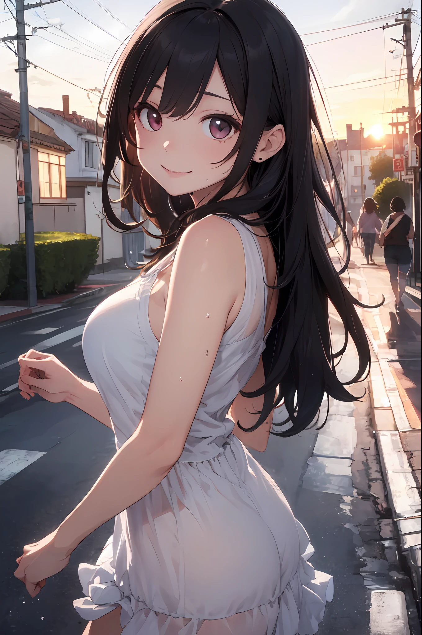 ((Top Quality, 8K, Masterpiece: 1.3)), Focus: 1.2, Perfect Body Beauty: 1.4, Ass: 1.2, ((Layered Haircut, Breasts: 1.2)), (Wet Clothes: 1.1), (Sunset, Street: 1.3), Bando Dress: 1.1, Highly Detailed Face and Skin Texture, Narrow Eyes, Double Eyelids, Whitening Skin, Long Hair, (Shut Up: 1.3), Smile