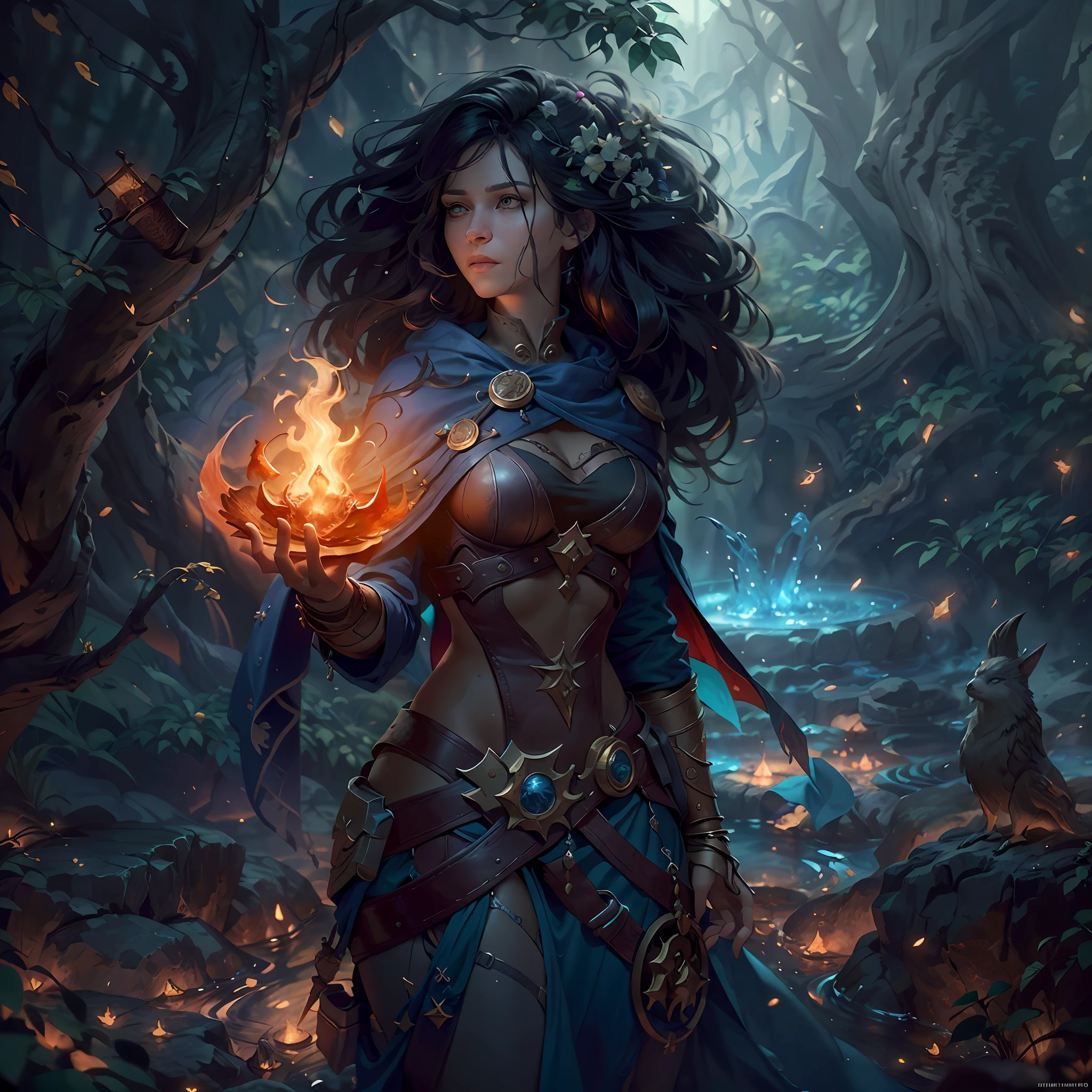 high details, best quality, 8k, [ultra detailed], masterpiece, best quality, (extremely detailed), ultra wide shot, photorealistic, fantasy art, dnd art, rpg art, realistic art, an ultra wide picture of human female (intense details, Masterpiece, best details: 1.5) in underground druid grove casting a spell, red magical light (intense details, Masterpiece, best details: 1.5), wearing leather armor (intense details, Masterpiece, best details: 1.5), wearing cloak (intense details, Masterpiece, best details: 1.5), wearing  boots, high heeled boots,  holy symbol, blue light from symbol, dynamic hair, intense eyes, dynamic eyes, D&D human female (intense details, Masterpiece, best details: 1.5), black hair, long hair, fantasy [underground] (intense details, Masterpiece, best details: 1.5), druid grove, water fall details, rich fantasy underground life details (intense details, Masterpiece, best details: 1.5) ,stone pillars (intense details, Masterpiece, best details: 1.5),  animals, water springs, soft light, phosphoric light. dynamic light (intense details, Masterpiece, best details: 1.5), fungi in the background, celestial background, ((divine worship atmosphere)), high details, best quality, highres, ultra wide angle, octane rendering