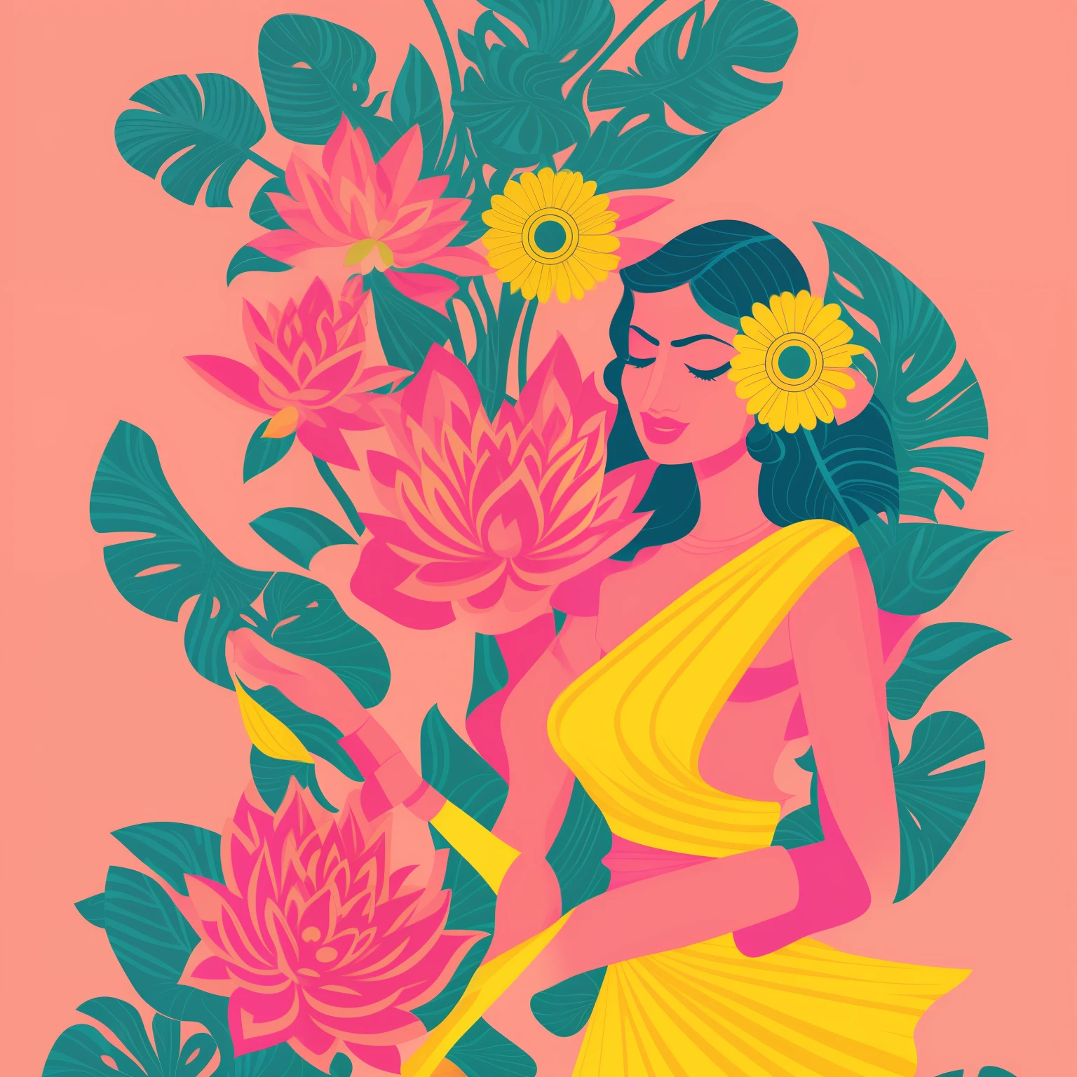 a woman with a flower in her hand and a yellow background, jen bartel, pink lotus queen, illustration », art deco flower shaman, hindu aesthetic, colorful illustration, indian empress, illustrator, illustrated poster, the non-binary deity of spring, in style of digital illustration, by Jeka Kemp, #illustration, colorfull illustration, poster illustration
