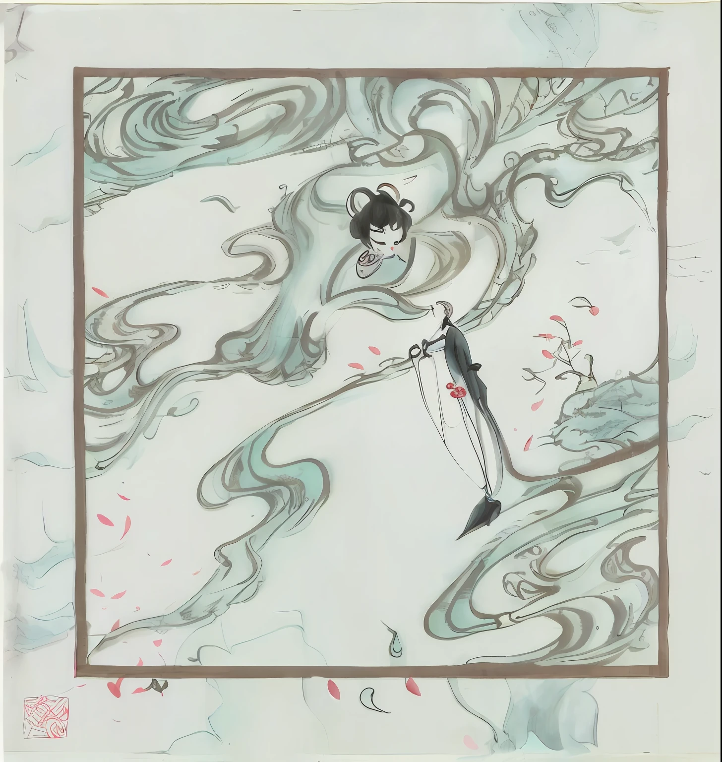There is a drawing of a man on a surfboard in the water, inspired by Kawanabe Kyōsai, inspired by Yamamoto Shōun, inspired by Sōami, inspired by Kameda Bōsai, Inspired by Ryūkōsai Jokei, inspired by Kikuchi Yōsai