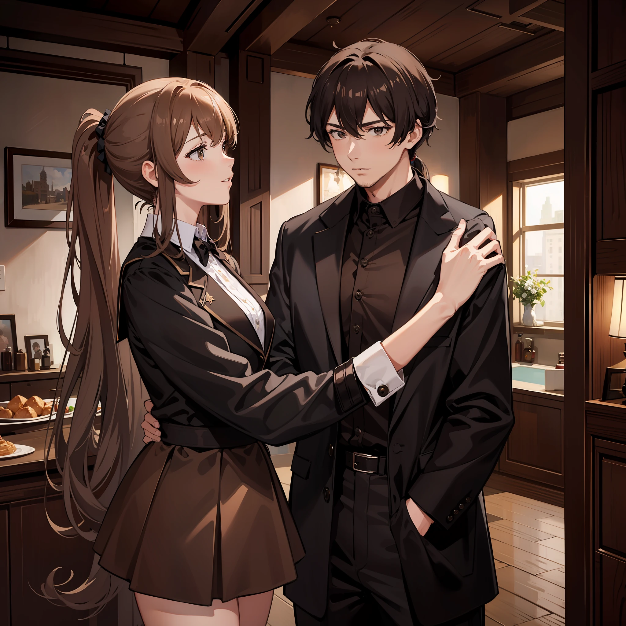 Masterpiece, Best quality, A high resolution, A high school girl wears a long ponytail，Chocolate colored hair，Wearing a black vest，Brown coat，Short brown skirt，Pounced on by a brown-haired man，The eyes look at each other affectionately