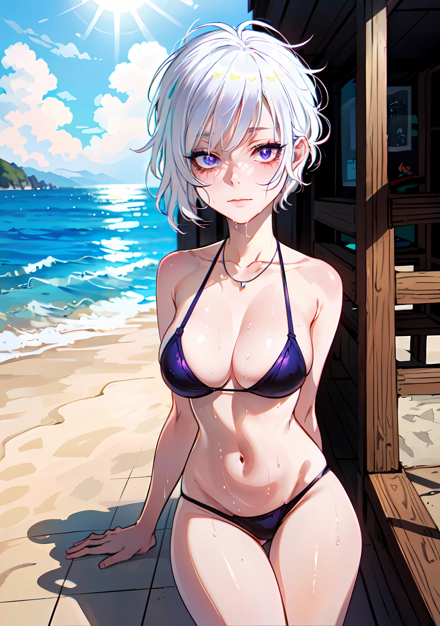 Nsfw, (masterpiece:1.2, best quality), (1lady, solo,(portrait shot)), Clothing: white bikini, strappy sandals, Accessories: shell necklace, Hair: loose beach waves, white hair, short wavy hair, Makeup: natural, glowing skin, Behavior: relaxed, carefree, free-spirited, Location: beach, resort, outdoor festival, purple eyes, average breasts, wet, (beautiful detailed face, beautiful detailed eyes), (sunbeam, sunlight, rose, wind), ratatatat74