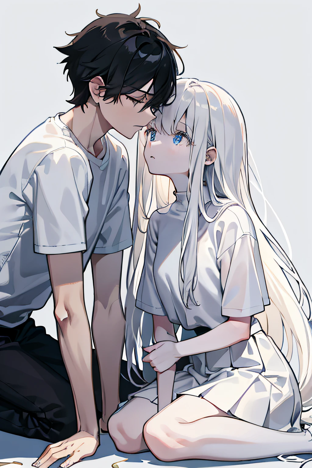 A couple,Kneel,White shirt black pants,Clear white shirt, short skirt black silk,Tangled in hemp rope,sm,Delicate facial features,Cool wind,white minimalistic background,8K masterpiece