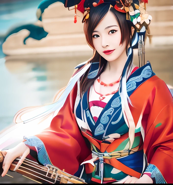Woman in kimono dress playing musical instrument,riverside