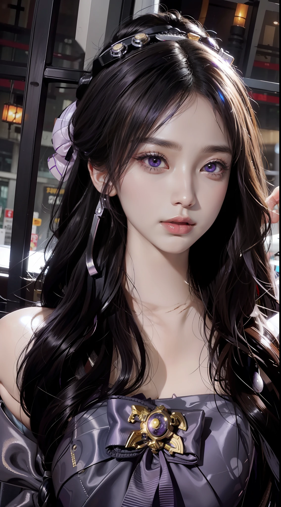 Purple pupils，ninja
Eye details are meticulously depicted，largeeyes，
Metallic glossy robot articulated thin metal wings
Bow hair ornament