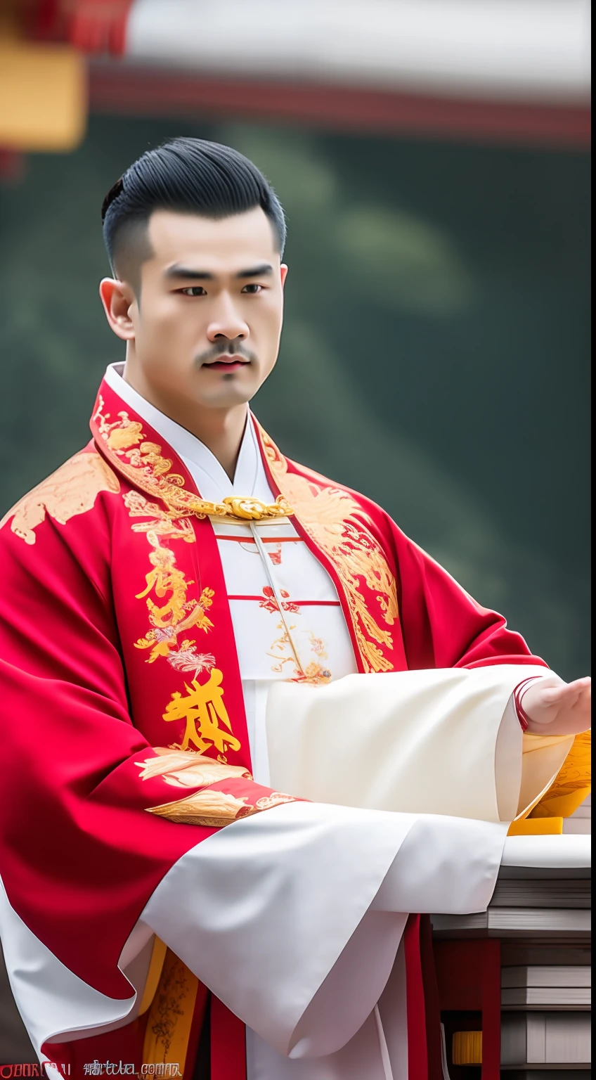 Masterpiece, Highest quality, (solofocus),, (High detail: 1.1),dojo,Red and yellow robes,The male, Man, chinese crown, 1人,and white hair,超高分辨率 , Detailed background, realisticlying, wearing a detailed and intricate xianxia antique outfit