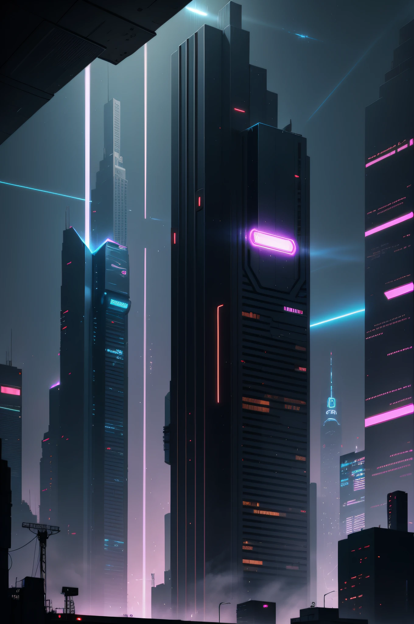 The cyberpunk future city is far away，Laser light shines several beams in the sky，There is a big stage at the starting point，Cyber sound on both sides，