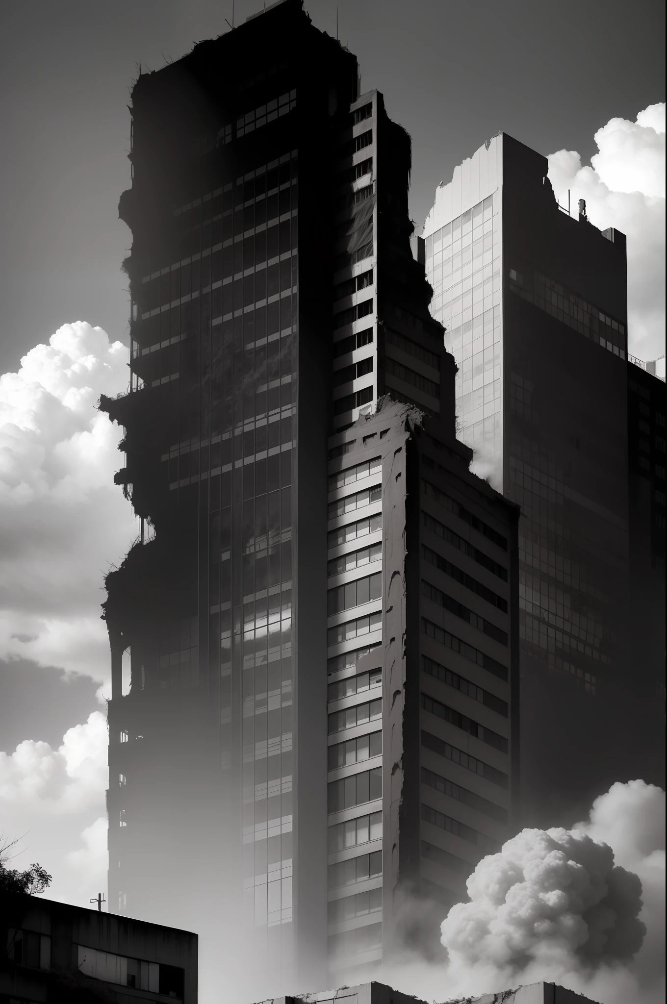 Manga art, ((dramatic))), Create a professional 8K photograph that transports viewers to an abandoned city. Use a high camera angle, capture the grandeur of crumbling structures. Add elements of nature invading the buildings, such as creeping plants and trees growing through the cracks, to convey the feeling of a city consumed by nature. Also add smoke and fire around the city. many building and city structures. greyscale, monochrome, halftone, drawing, manga, destroyed buildings