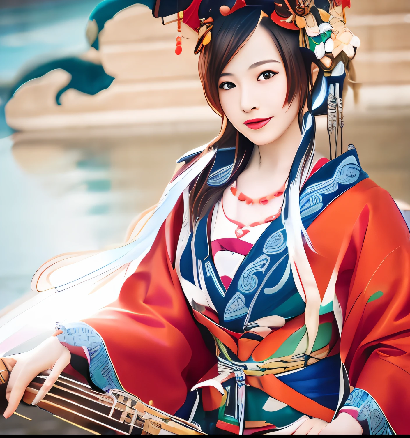 Woman in kimono dress playing musical instrument,riverside
