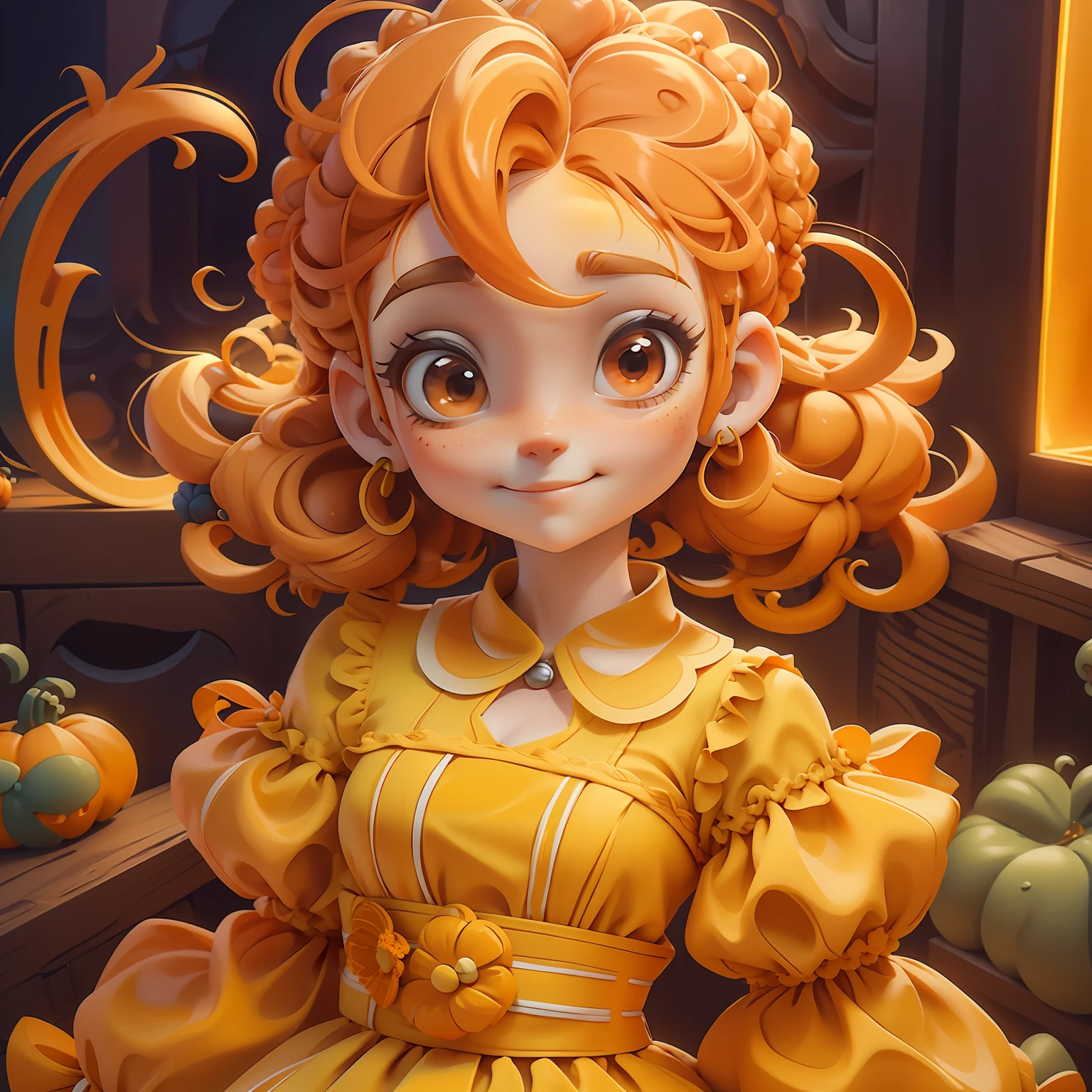 menina Lodo, (Lodo), Slime hair Penteado duplo buns estilo de cabelo, Orange Pumpkin, Vestido branco da princesa com cinto da arma, master part, best quality