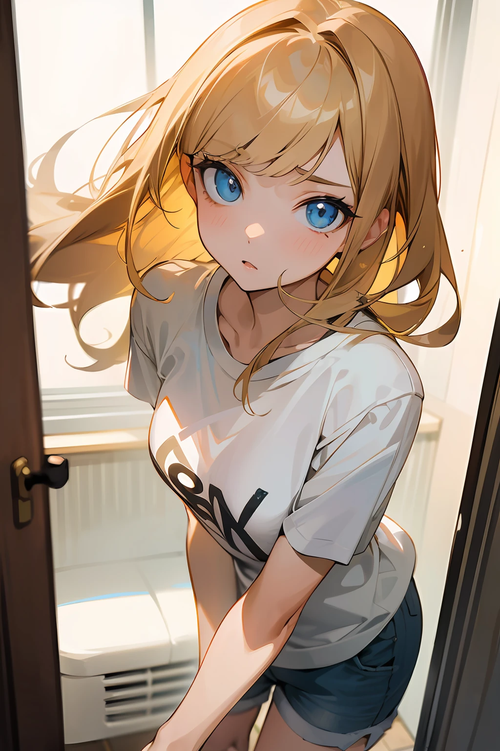 (masterpiece), best quality, expressive eyes, perfect face, blonde hair with brown highlights, bangs, blue eyes, young adult, woman, white t-shirt, shorts, British