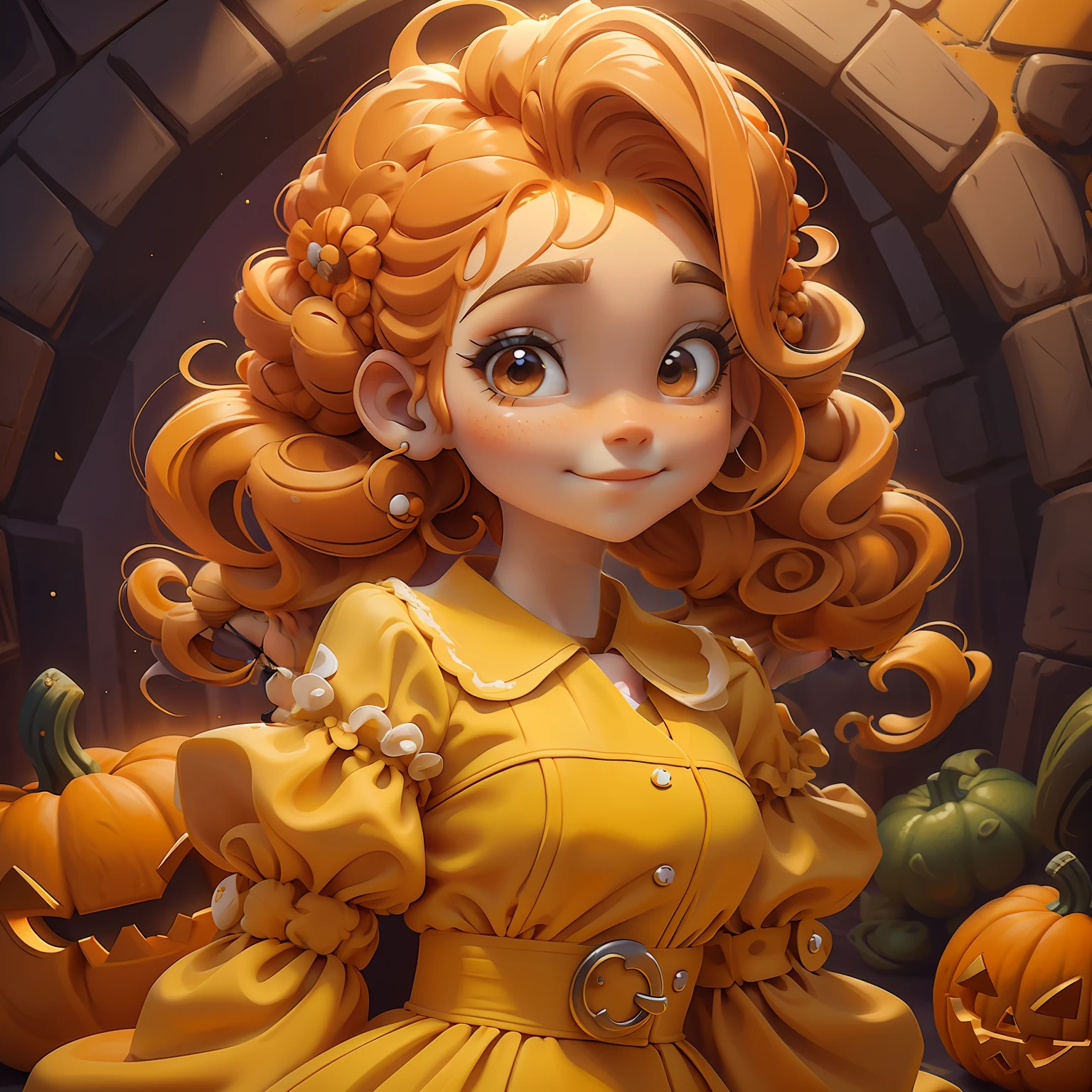 menina Lodo, (Lodo), Slime hair Penteado duplo buns estilo de cabelo, Orange Pumpkin, Vestido branco da princesa com cinto da arma, master part, best quality
