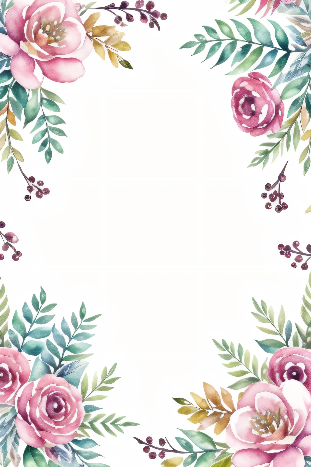 watercolor pattern of beautiful flowers, berries, ferns, leaves, in the style of House Of Hackney. Watercolor paper texture.