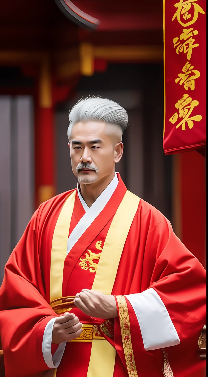 Masterpiece, Highest quality, (solofocus),, (High detail: 1.1),dojo,Red and yellow robes,The male, Man, chinese crown, 1人,and white hair,超高分辨率 , Detailed background, realisticlying, wearing a detailed and intricate xianxia antique outfit