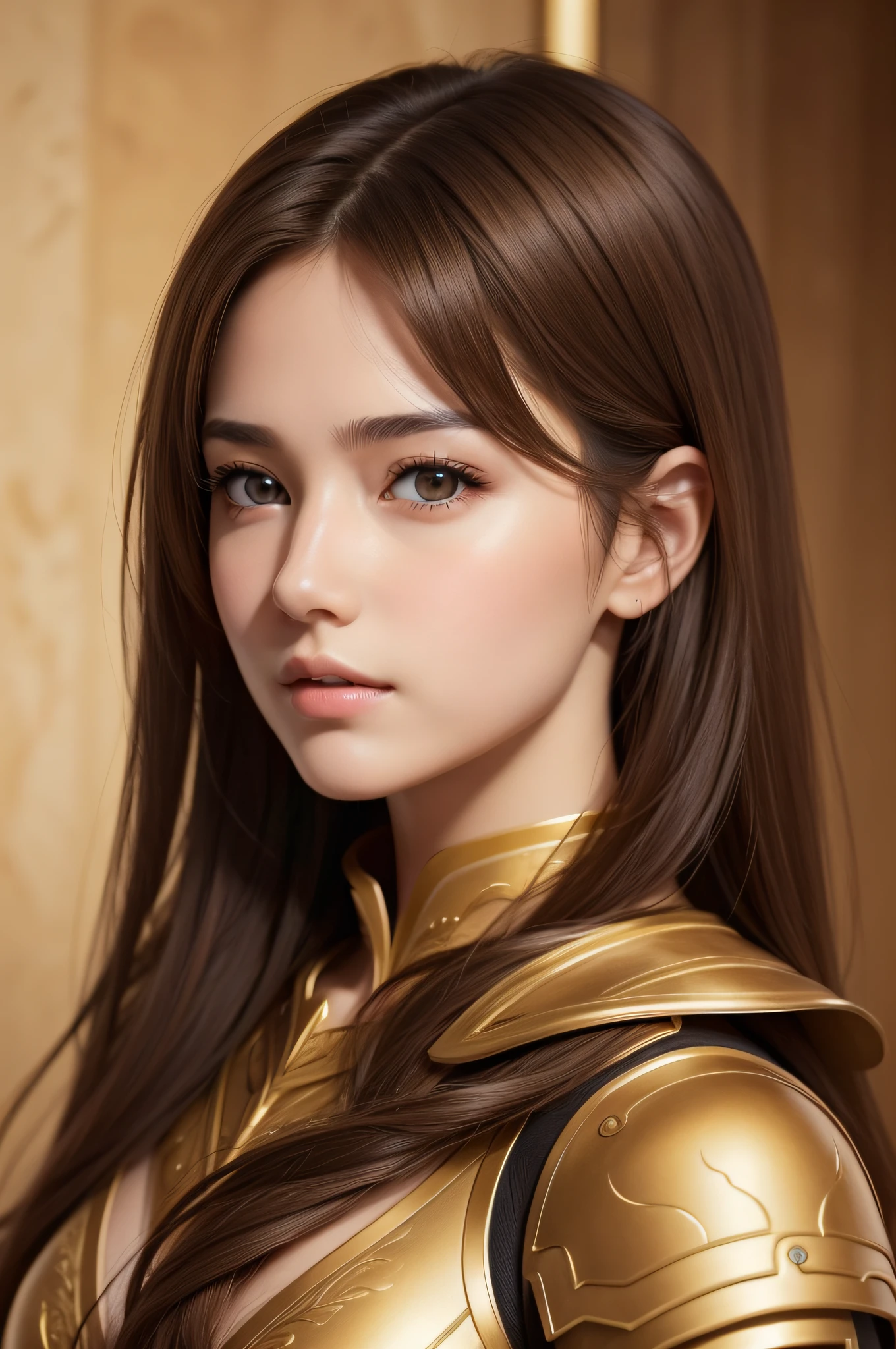 best quality, masterpiece,  (realistic:1.2), 1 girl, brown hair, brown eyes,Front, detailed face, beautiful eyes, wear golden armor,