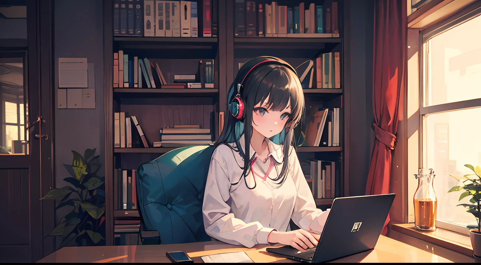 Anime girl with headphones sitting on laptop table, lofi-girl, lofi artstyle, lofi art, lofi vibes, lofi feel, adult lady、25-years old、Business suits、lofi hip hop, lofi, chillhop, lofi girl aesthetic, lofi portrait, Lofivibe, lofi color, anime vibes, The aesthetics of the lofi
