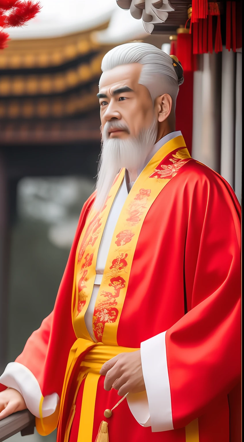 Masterpiece, Highest quality, (solofocus),, (High detail: 1.1),dojo，Red and yellow robes，The male， Man, chinese crown, 1人,and white hair,超高分辨率 , Detailed background, realisticlying, wearing a detailed and intricate xianxia antique outfit