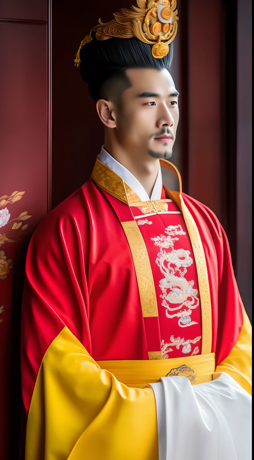 Masterpiece, Highest quality, (solofocus),, (High detail: 1.1),dojo，Red and yellow robes，The male， Man, chinese crown, 1人,and white hair,超高分辨率 , Detailed background, realisticlying, wearing a detailed and intricate xianxia antique outfit