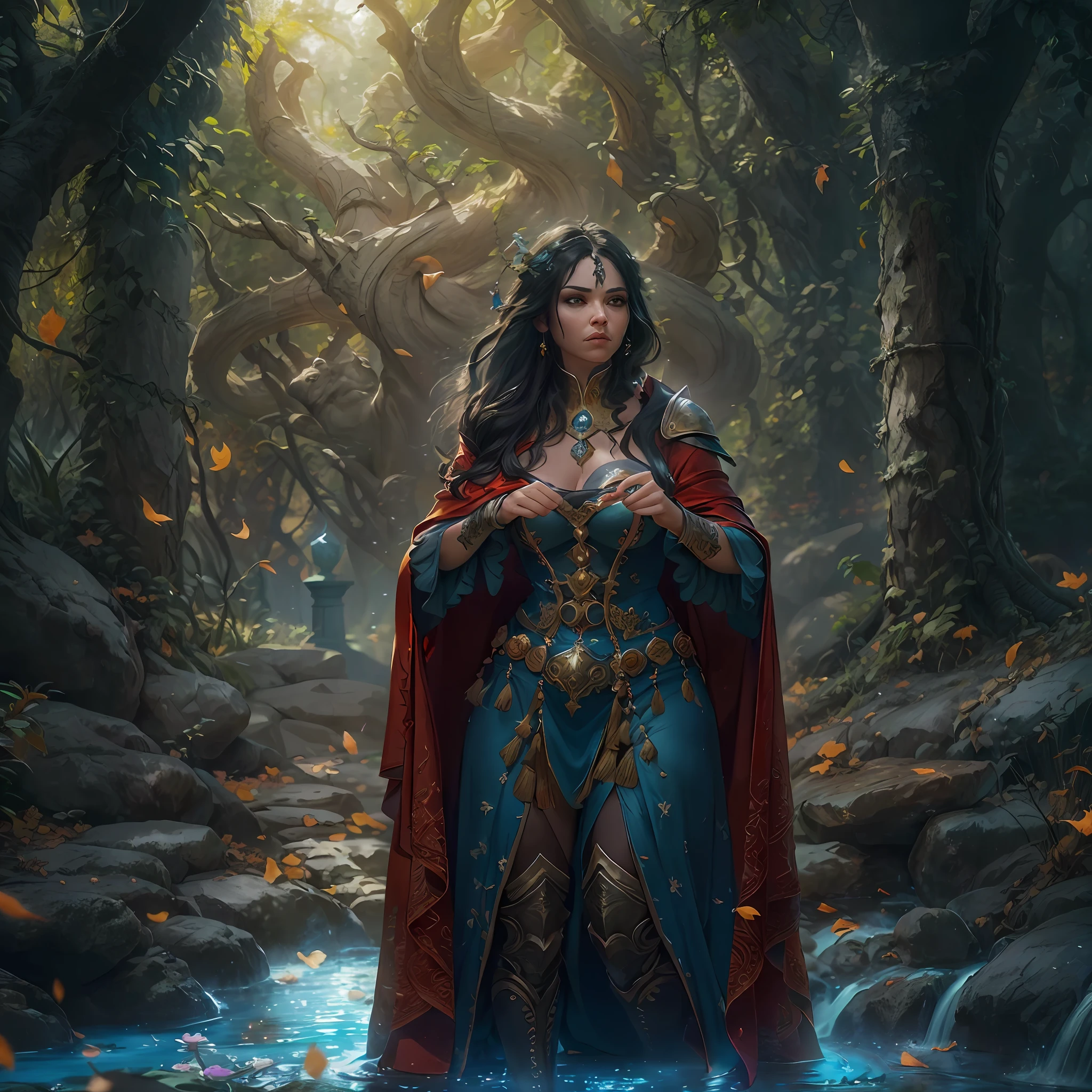 high details, best quality, 8k, [ultra detailed], masterpiece, best quality, (extremely detailed), ultra wide shot, photorealistic, fantasy art, dnd art, rpg art, realistic art, an ultra wide picture of human female (intense details, Masterpiece, best details: 1.5) in underground druid grove casting a spell, red magical light (intense details, Masterpiece, best details: 1.5), wearing leather armor (intense details, Masterpiece, best details: 1.5), wearing cloak (intense details, Masterpiece, best details: 1.5), wearing  boots, high heeled boots,  holy symbol, blue light from symbol, dynamic hair, intense eyes, dynamic eyes, D&D human female (intense details, Masterpiece, best details: 1.5), black hair, long hair, fantasy [underground] (intense details, Masterpiece, best details: 1.5), druid grove, water fall details, rich fantasy underground life details (intense details, Masterpiece, best details: 1.5) ,stone pillars (intense details, Masterpiece, best details: 1.5),  animals, water springs, soft light, phosphoric light. dynamic light (intense details, Masterpiece, best details: 1.5), fungi in the background, celestial background, ((divine worship atmosphere)), high details, best quality, highres, ultra wide angle, octane rendering