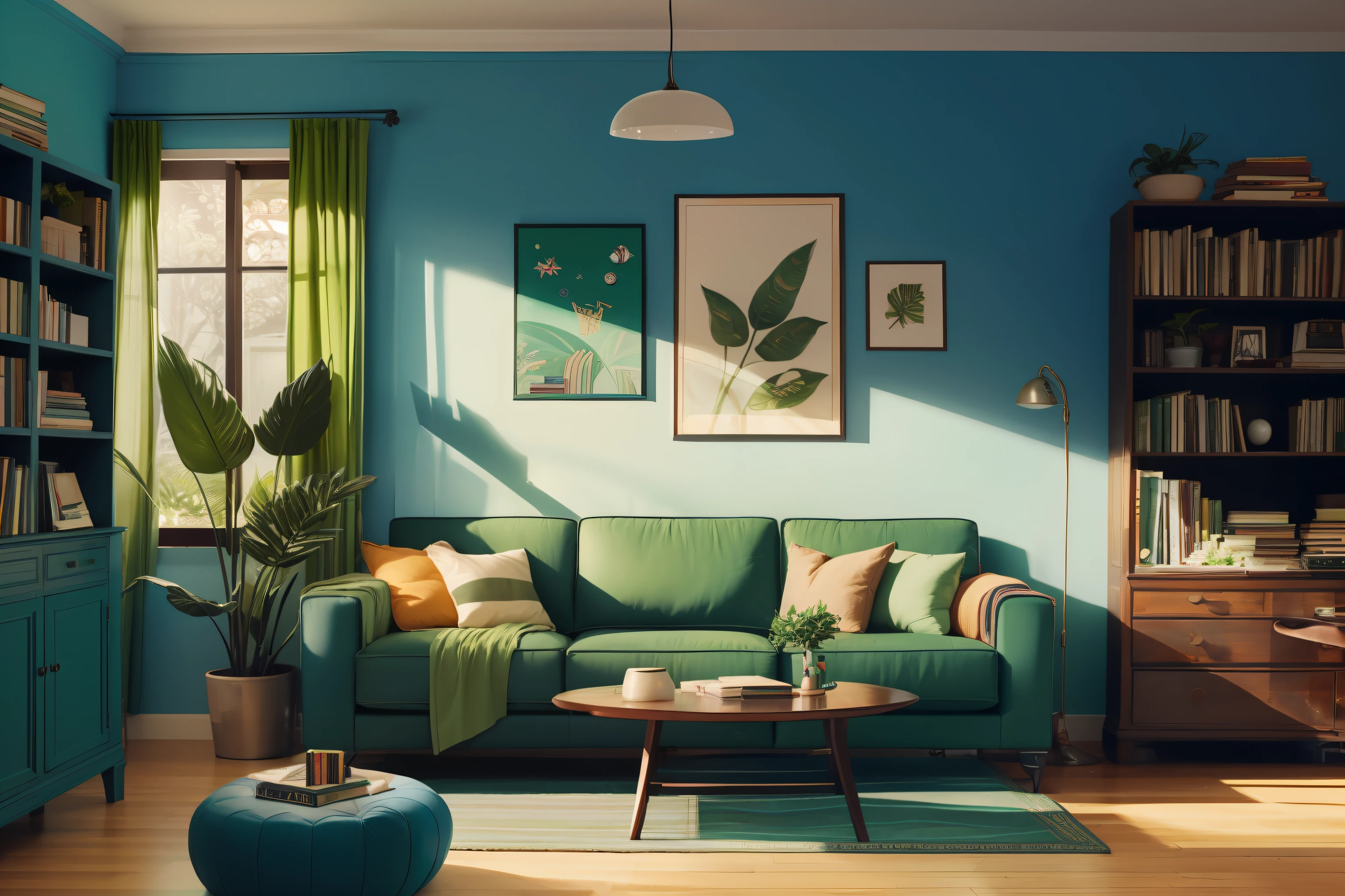 a living room with a dark blue sofa and a green plant on the wall and a bookcase with colorful books. Um pinheiro de Natal, cheio de luzes e bolas de natal, perto do lado direito da imagem.