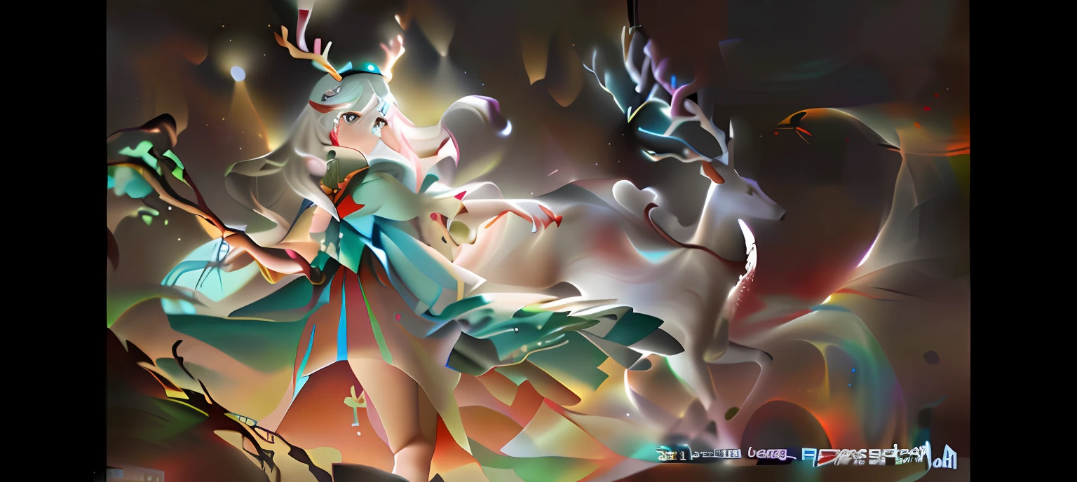 teens girl，There is a pair of white antlers on the head，Light red and turquoise striped dress