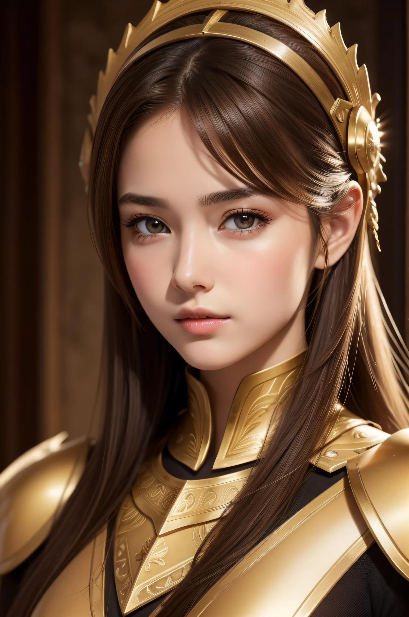 best quality, masterpiece,  (realistic:1.2), 1 girl, brown hair, brown eyes,Front, detailed face, beautiful eyes, wear golden armor,