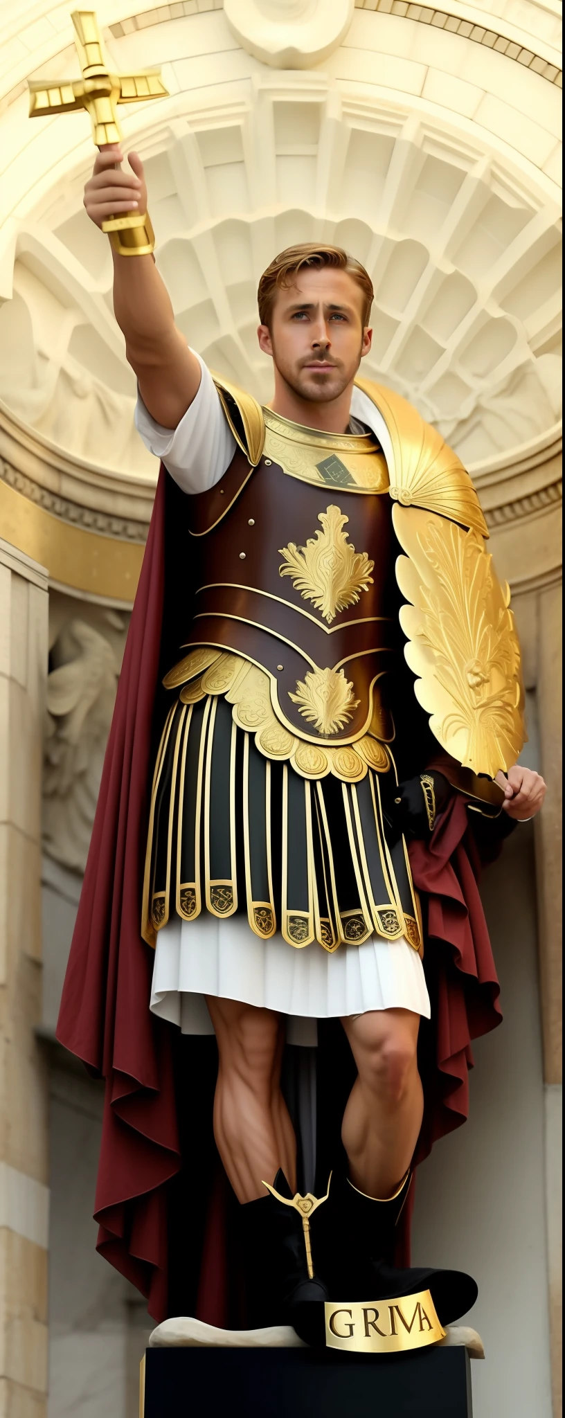 Homem em um traje romano segurando um louro de ouro e uma cruz. Deusa grega Atena, O Deus Atena, Atena Deusa da sabedoria, vestido com armadura romana, vestidos com roupas romanas, Deusa Dourada Atena, armadura ornamentada grega antiga, Ryan Gosling as Roman statue, Armadura romana tradicional, vestido com armadura espartana, Deusa Romana, Greek statue, 3 d deusa minerva