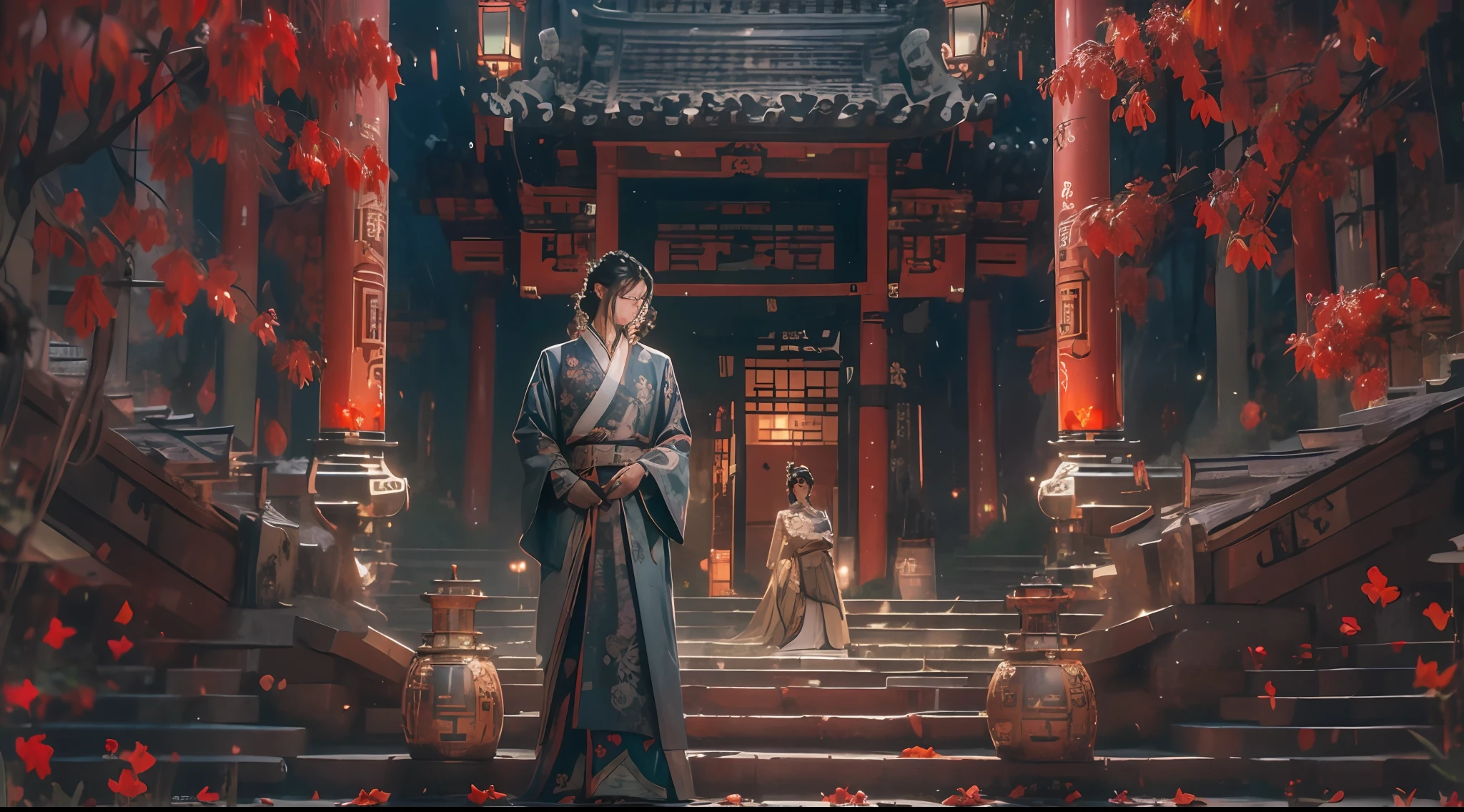 (tmasterpiece:1.2),best qualtiy,realisticlying,Tyndall effect,Underworld marriage,Spooky atmosphere,natta,Red palace lamp, The tree, scenecy, exteriors, "Young, Handsome and beautiful aristocratic couple traveling in the underworld,Detailed eyes,Clear facial features",Japanese clothes, east asian architecture, buliding, Skysky, nigh sky, stairways,amaryllis