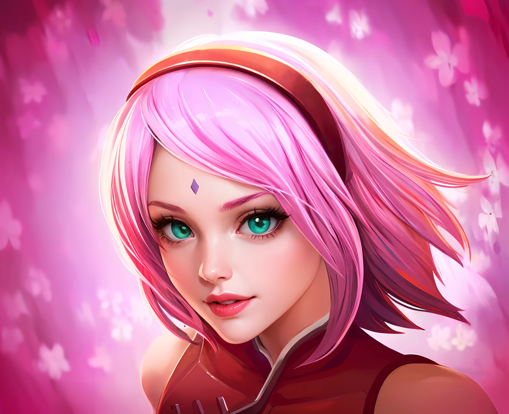 ambrosia, (watercolor) Masterpiece Portrait, Hdr, volumetric lighting, ( \(flower\):1.3), valley mountain forest, ocean ice rivers aurora, (portrait) anime (woman:1.3) 1girl, Neon Pink hair, Dark Red eyes, Masterpiece, best quality, (style of robocop:1.3)