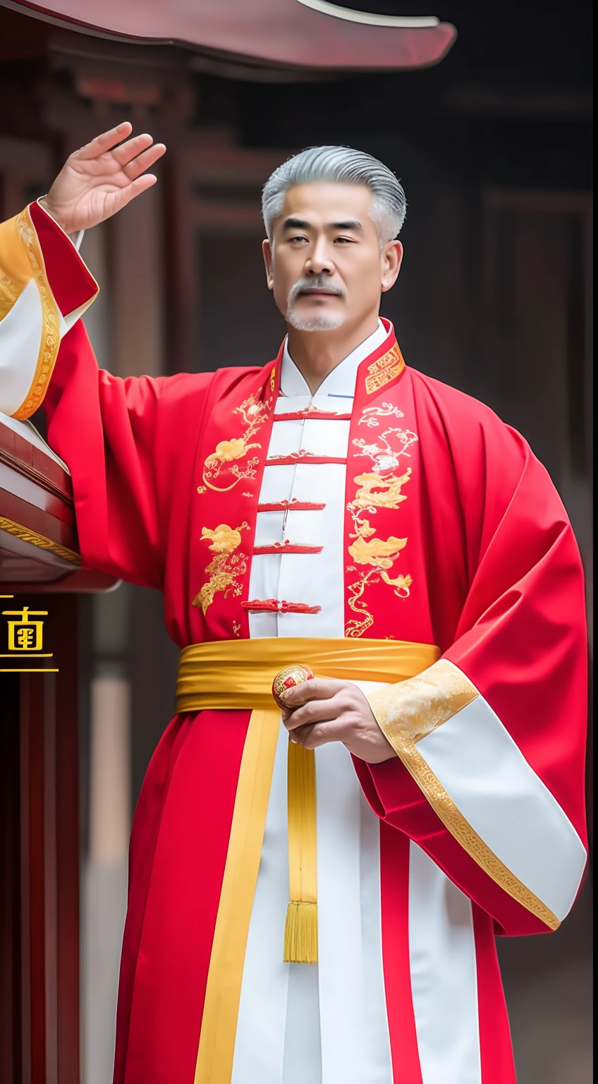 Masterpiece, Highest quality, (solofocus),, (High detail: 1.1),dojo,Red and yellow robes,The male, Man, chinese crown, 1人,and white hair,超高分辨率 , Detailed background, realisticlying, wearing a detailed and intricate xianxia antique outfit