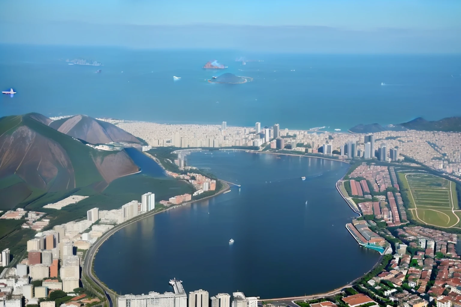 (absurdres, highres, ultra detalhado),((obra-prima)), ((melhor qualidade:1.1)), alta resolução, 8k,Realistic view of a city and a large body of water, lagora rodrigo de freitas rio de janeiro, Directed by: Felipe Seade, Directed by: Bernardo Cavallino, Directed by: Giorgio Cavallon, Directed by: Luis Miranda, taken from an airplane, Directed by: Matteo Pérez, the sea seen behind the city, Directed by: Xavier Blum Pinto, Directed by: Nandor Soldier, Directed by: Manuel Franquelo