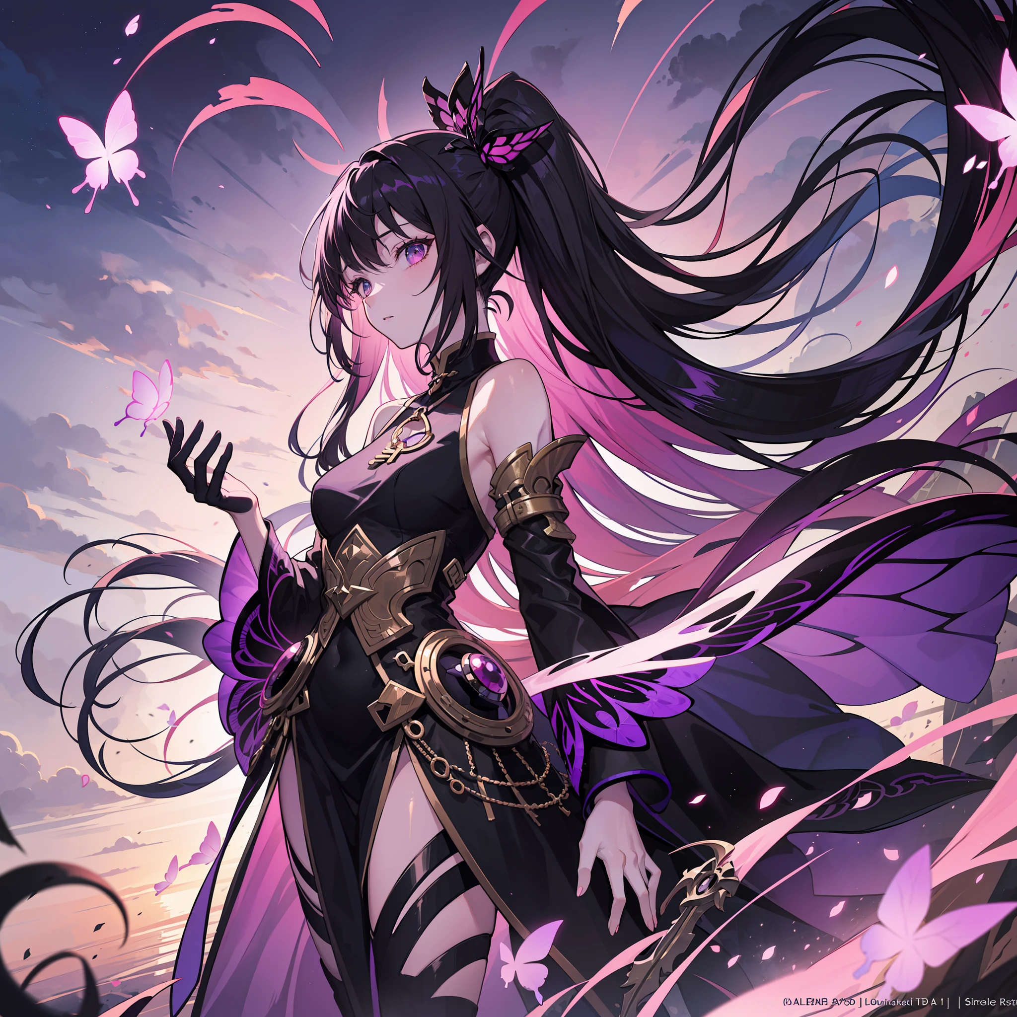 Blurred edge lines,Use dull colors,Single full-body standing painting,full body shot shot,Brunette with purple hair,Coiled hair,Purple eye,Heavy hair accessories,The demons,Black with wide sleeves decorated with purple at the bottom,China-style,Butterfly features,rising tall,Dignified atmosphere,Petite and perverse,Short royal sister,There are no malformations in the human body,Optimize human body details,clothing details optimization,Ark of Tomorrow character design,Detail art,tmasterpiece,best qualtiy, A high resolution,best qualtiy,high qulity,Detailed key anime art,Best anime,8K