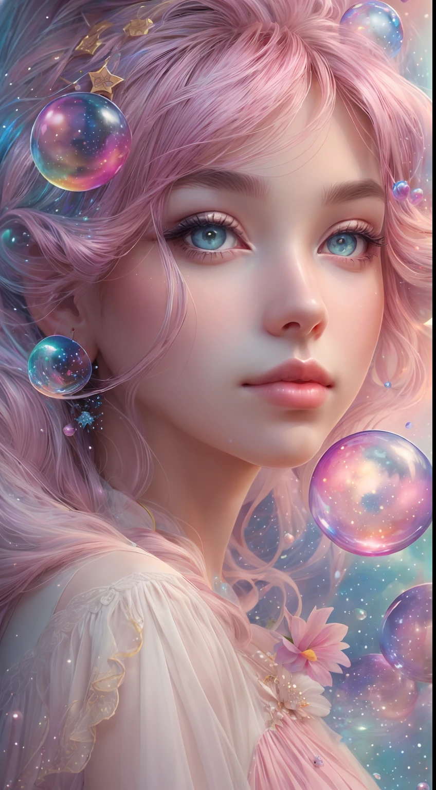 ((masterpiece)). This artwork is dreamy and ethereal, with soft pink watercolor hues. Generate a delicate fairy exploring a bubblegum world with a wide variety of pastel shades. Her sweet face is extremely detailed and realistic with elegant, and looks like ((Yael Shelvia)). Include mature features, and puffy, big lips and stunning, highly realistic eyes. Her eyes are important and should be realistic, highly detailed, and beautiful. In high definition and detail, include lots of details like stars, galaxies, colorful bubbles, colorful petals, and lots of energy and emotion! The stars and colorful bubblegum bubbles are important! Include fantasy details, enhanced details, iridescence, colorful glittering wind, and pollen. Pay special attention to her face and make sure it is beautifully and realistically detailed. The image should be dreamy and ethereal.8k, intricate, elegant, highly detailed, majestic, digital photography