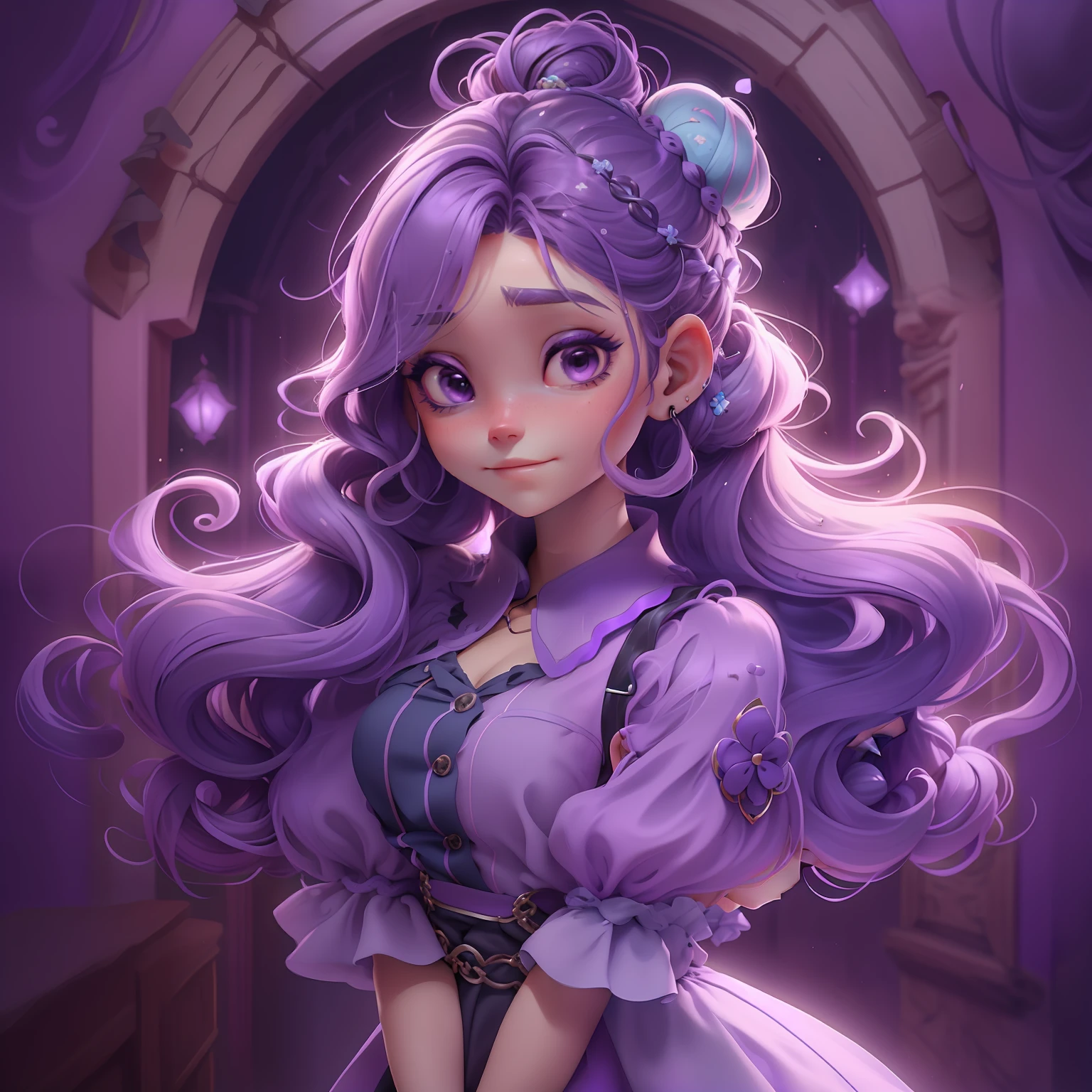 menina Lodo, (Lodo), Slime cabelo bun estilo de cabelo, dark purple lilac with light locks, roupas leves e detalhadas, master part, best quality
