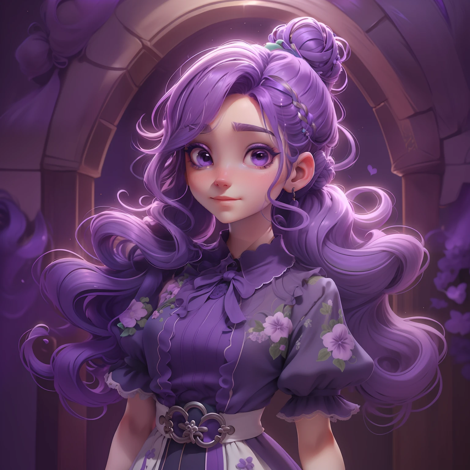 menina Lodo, (Lodo), Slime cabelo bun estilo de cabelo, dark purple lilac with light locks, roupas leves e detalhadas, master part, best quality