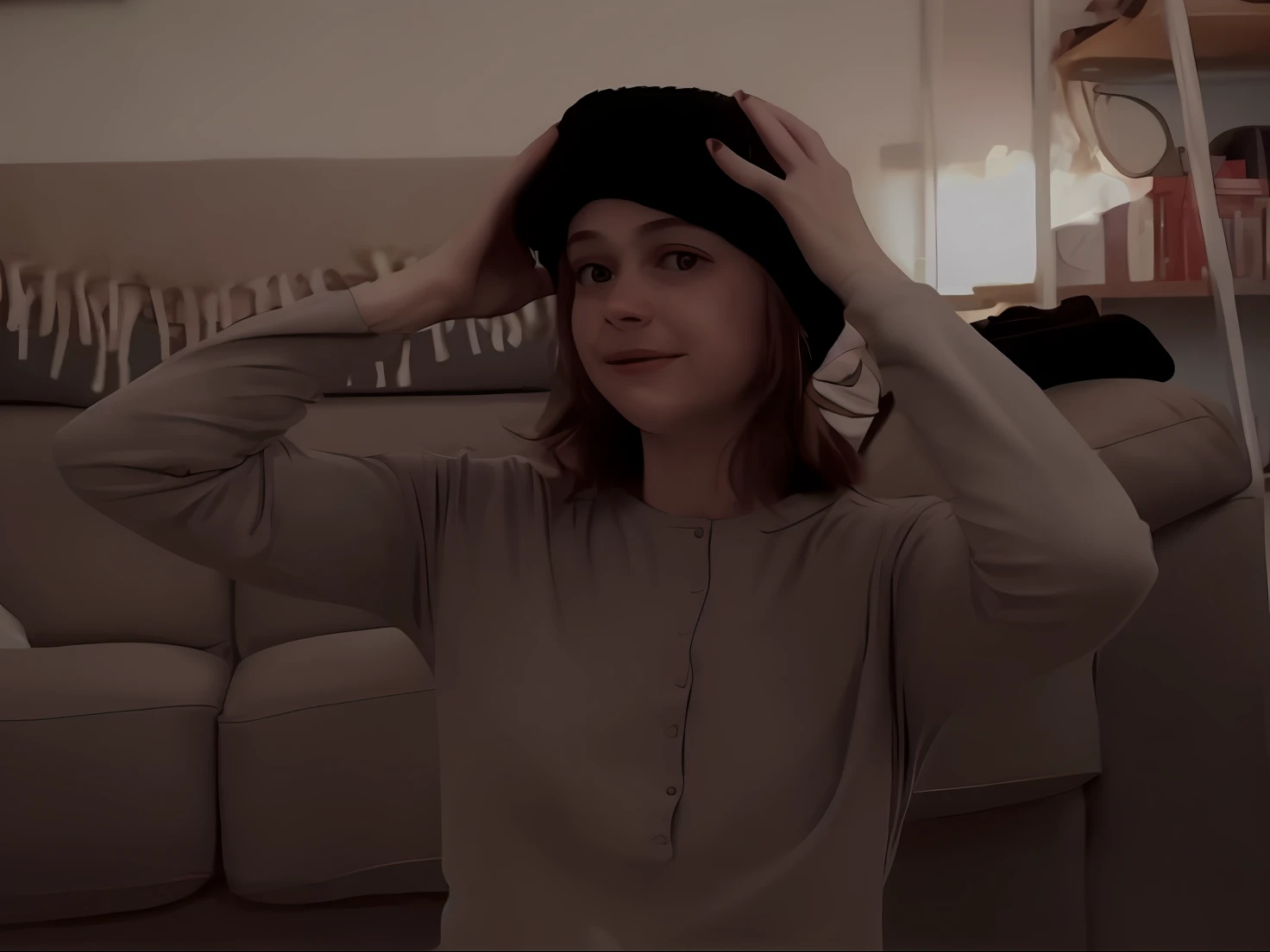 arafed woman in a hat is standing in a living room, with a weird hat, it's wearing a cute little hat, wearing a cute hat, she is wearing a hat, wears a destroyed hat, soft portrait shot 8 k, low quality footage, still from a music video, wearing a beanie, wearing beanie, wearing a chocker and cute hat