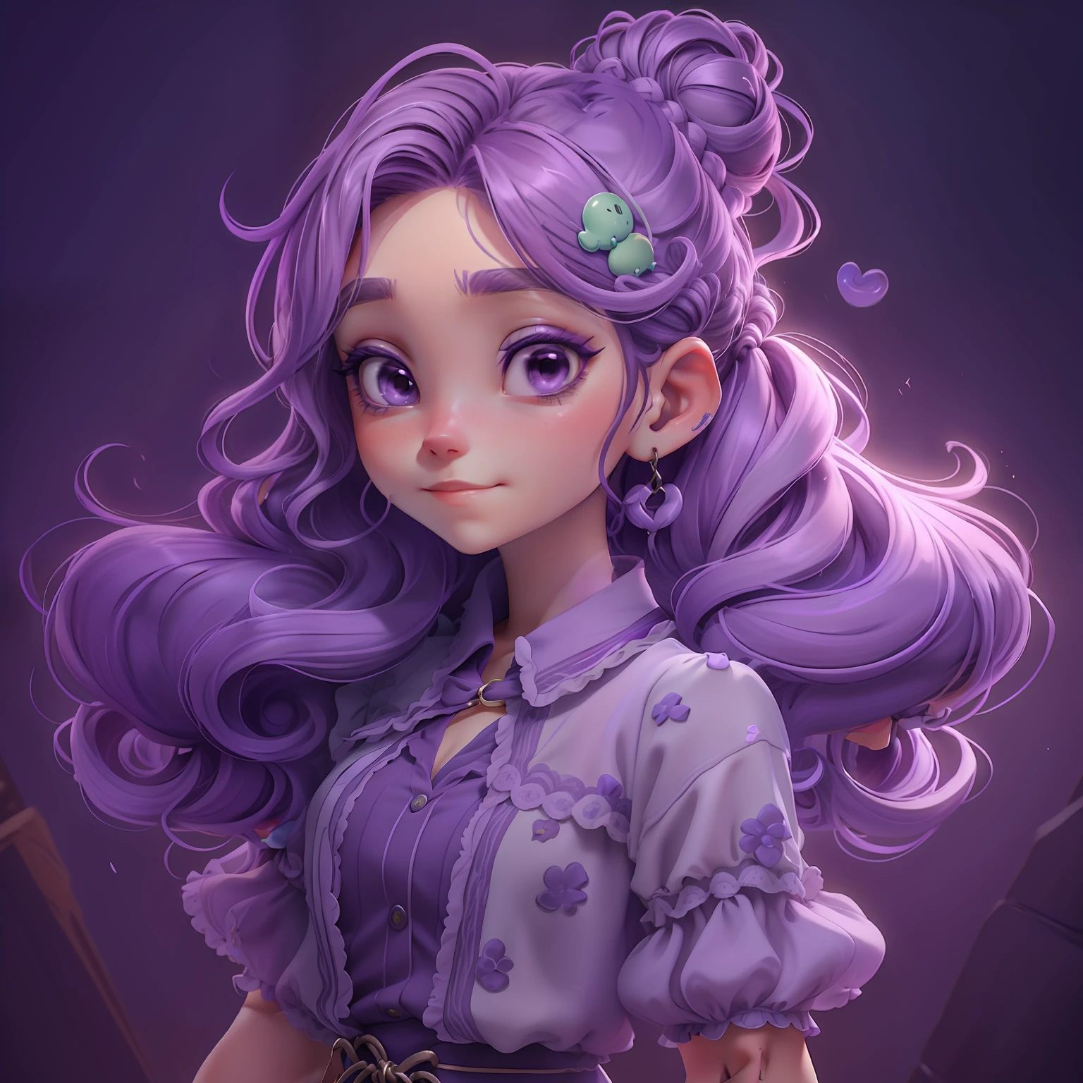 menina Lodo, (Lodo), Slime cabelo bun estilo de cabelo, dark purple lilac with light locks, roupas leves e detalhadas, master part, best quality