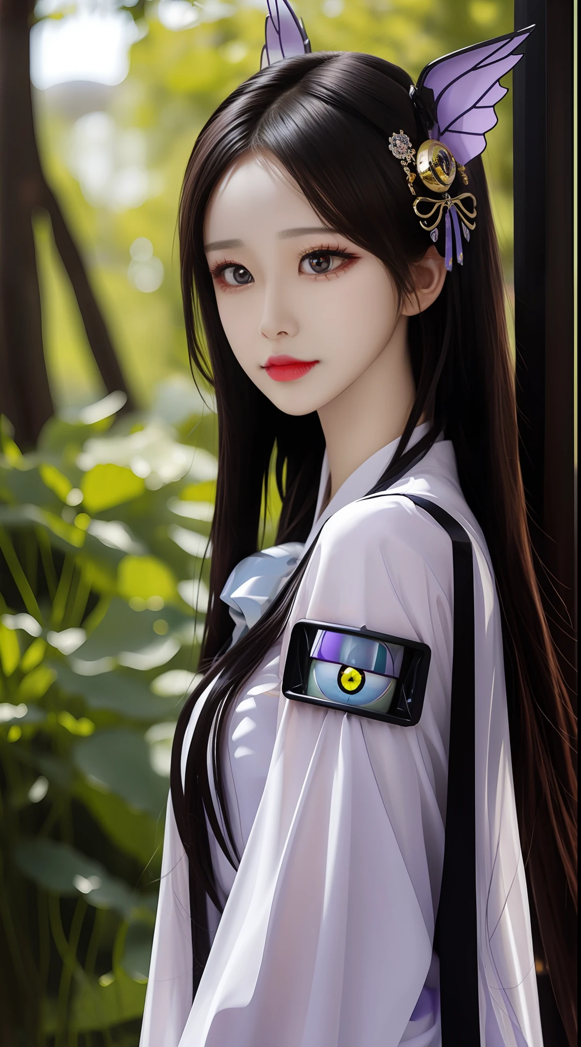 Purple pupils,ninja
Eye details are meticulously depicted,largeeyes,
Metallic glossy robot articulated thin metal wings
Bow hair ornament