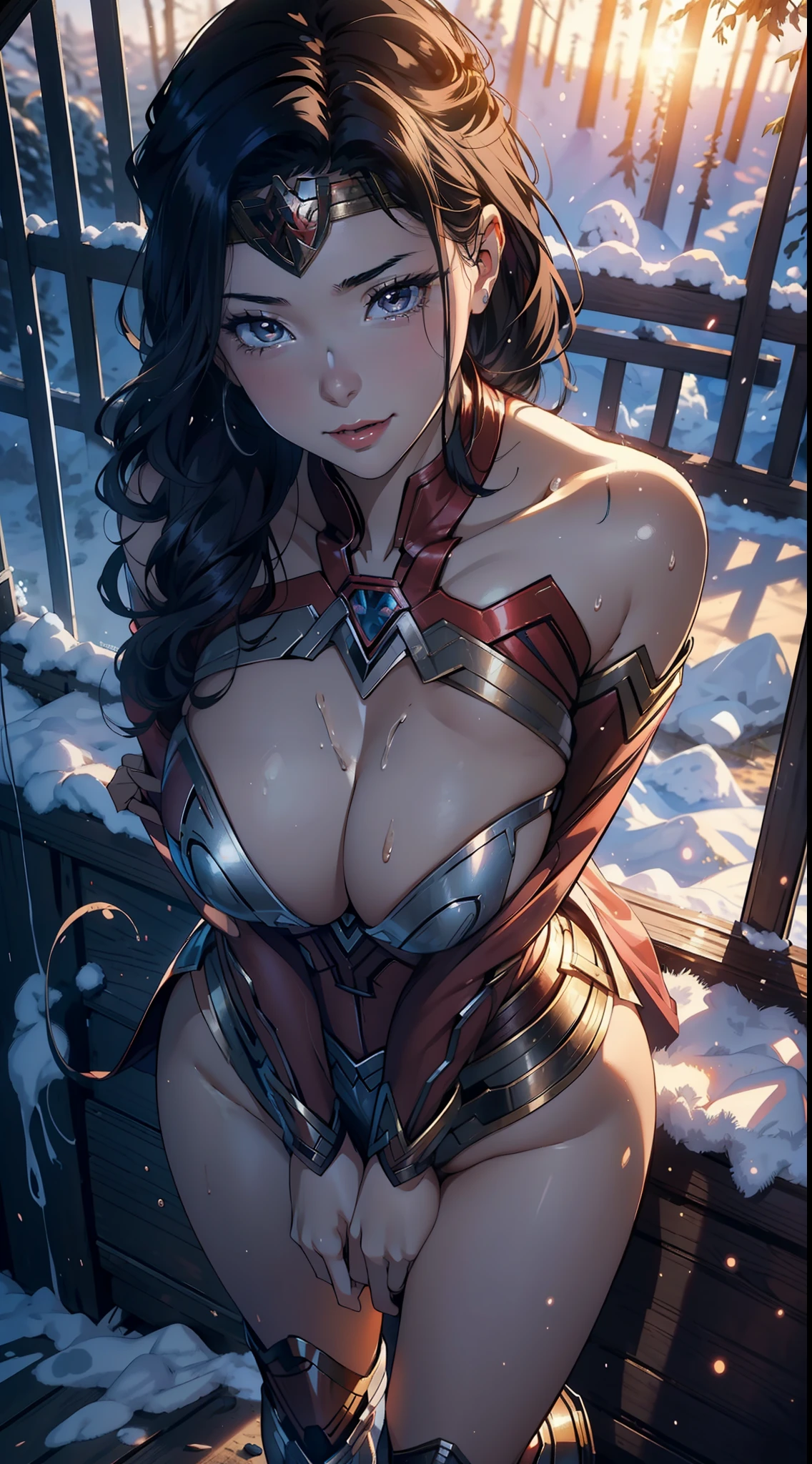 1female，15year old，Huge breasts，A sagging breast，Pornographic exposure， 独奏，（Background with：coniferous forest，at winter season，Snow on the ground）  She has long flowing black hair， standing on your feet，Sweat profusely，drenched all over the body，Wearing a Wonder Woman headband，Wearing a Wonder Woman Iron Man uniform，frontage， hair straight， Very long hair，mostly cloudy sky，（（（tmasterpiece），（Very detailed CG unity 8K wallpaper），best qualtiy，cinmatic lighting，detailed back ground，beatiful detailed eyes，Bright pupils，（Very fine and beautiful），（Beautiful and detailed eye description），ultra - detailed，tmasterpiece，）），facing at camera，A high resolution，ultra - detailed），beautifullegs，revealing breasts，facing at camera，Flushed complexion，Orgasmic face，Smile，Pornographic exposure，Protruding underparts，Camel toes，with no underpants