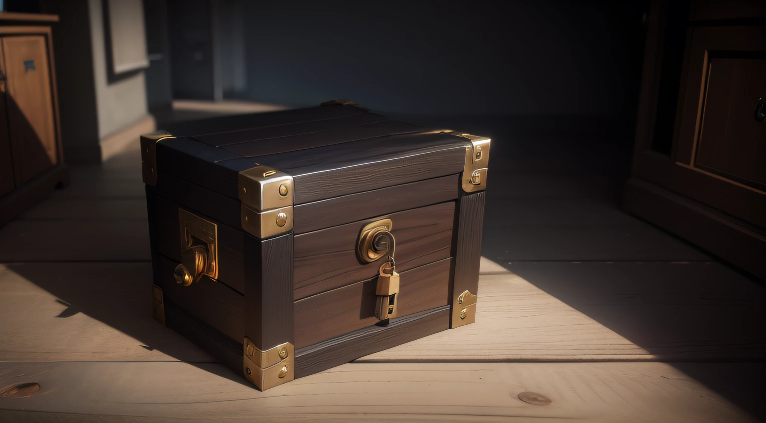A CLOSED CHEST WITH A LARGE PADLOCK IN A PENUMBRA ENVIRONMENT