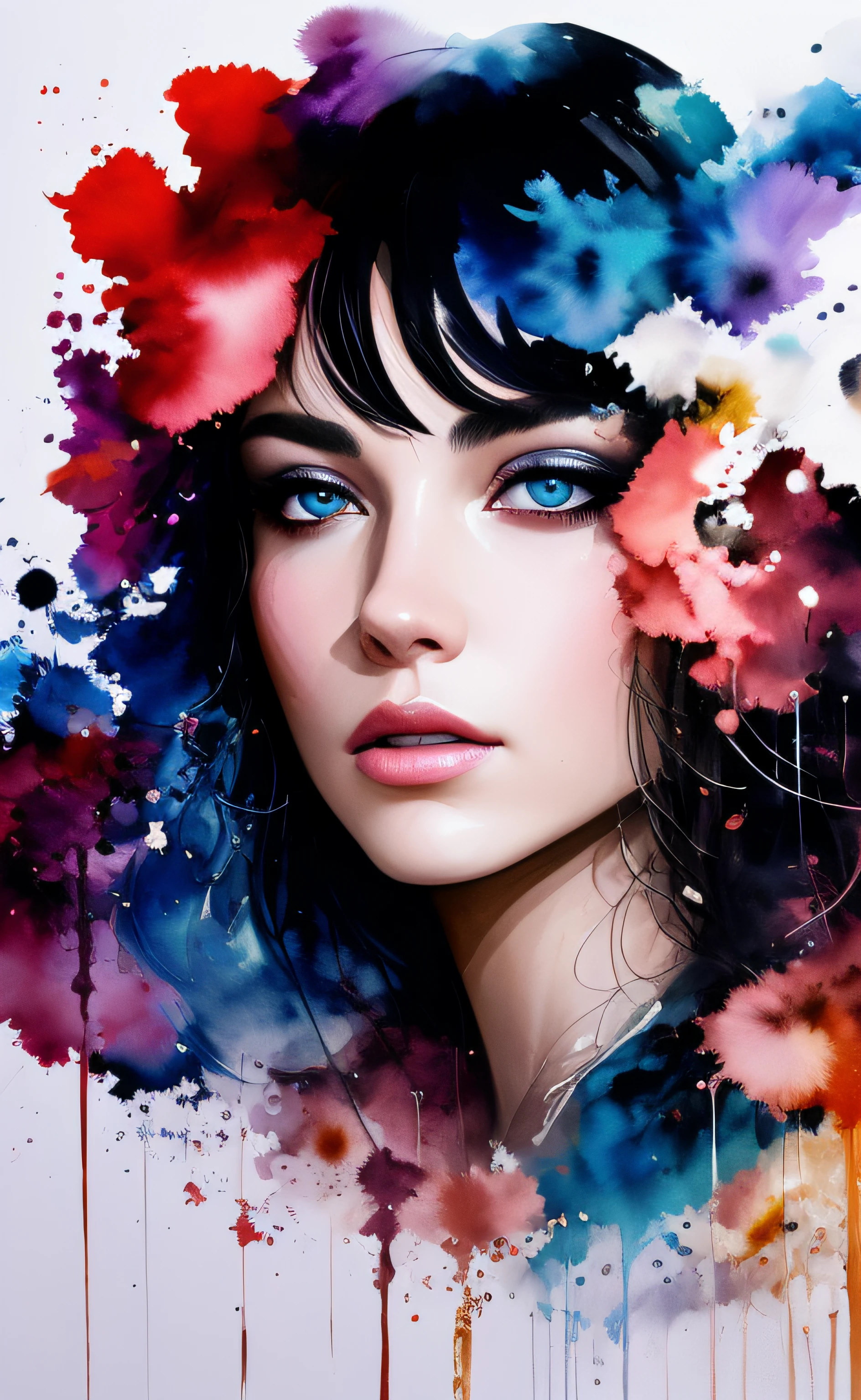 Colorful beautiful woman: Black ink flow: 8k resolution photorealistic masterpiece: by Aaron Horkey and Jeremy Mann: intricately detailed fluid gouache painting: by Jean Baptiste Mongue: calligraphy: acrylic: watercolor art, professional photography, natural lighting, volumetric lighting maximalist photoillustration: by marton bobzert: 8k resolution concept art intricately detailed, complex, elegant, expansive, fantastical