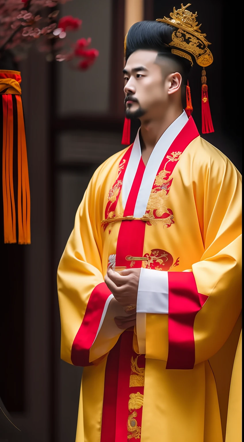 Masterpiece, Highest quality, (solofocus),, (High detail: 1.1),dojo,Red and yellow robes,The male, Man, chinese crown, 1人,and white hair,超高分辨率 , Detailed background, realisticlying, wearing a detailed and intricate xianxia antique outfit