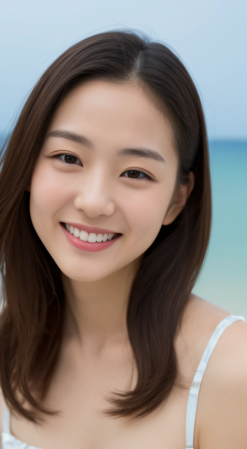 8k, masterpiece, best quality, realistic, japanese girl, realistic face, smile, very cute, 25yo, beach ,