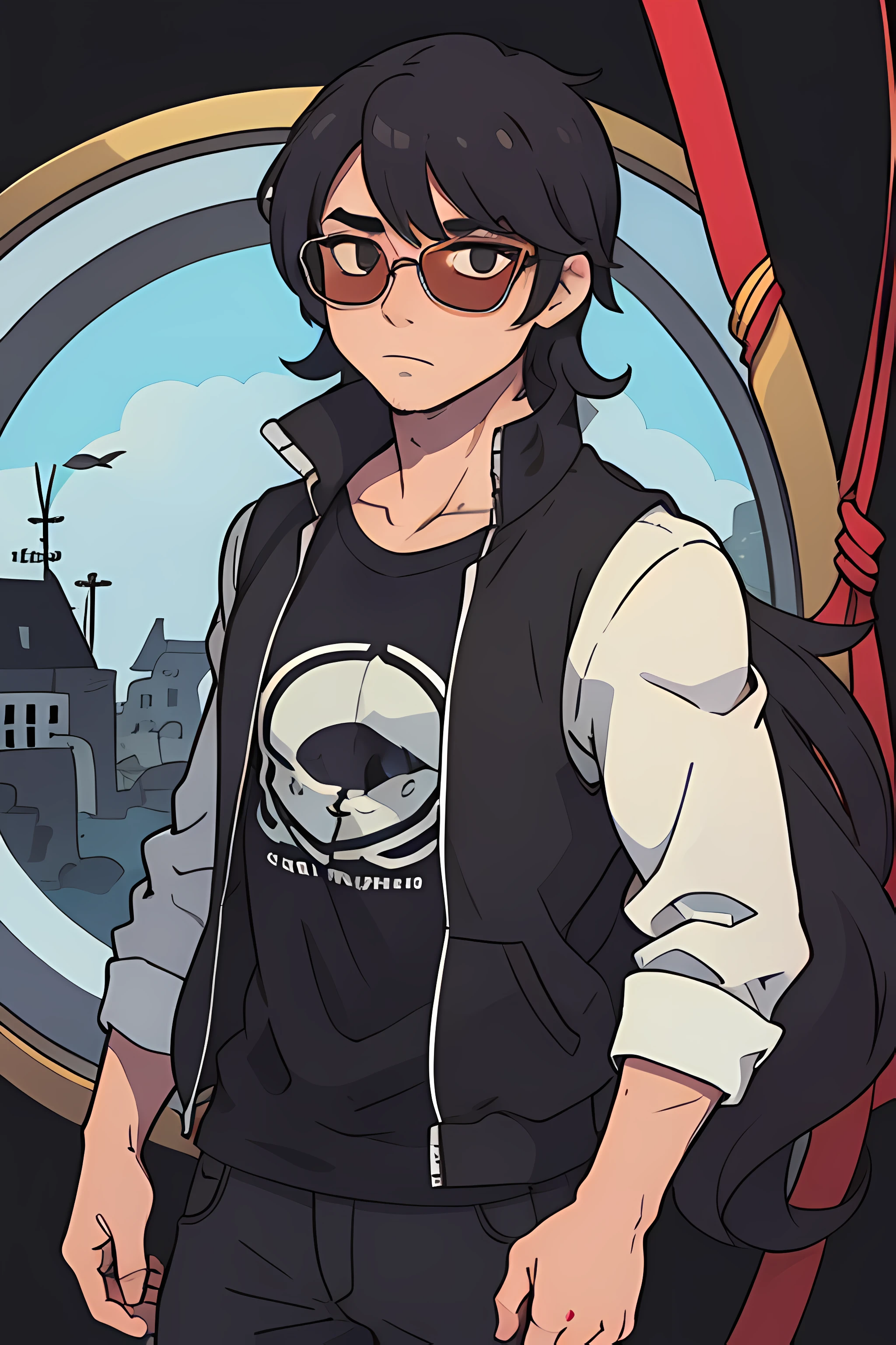 personagem masculino, cabelo preto, olhar de homem, camisa preta, oculos redondo